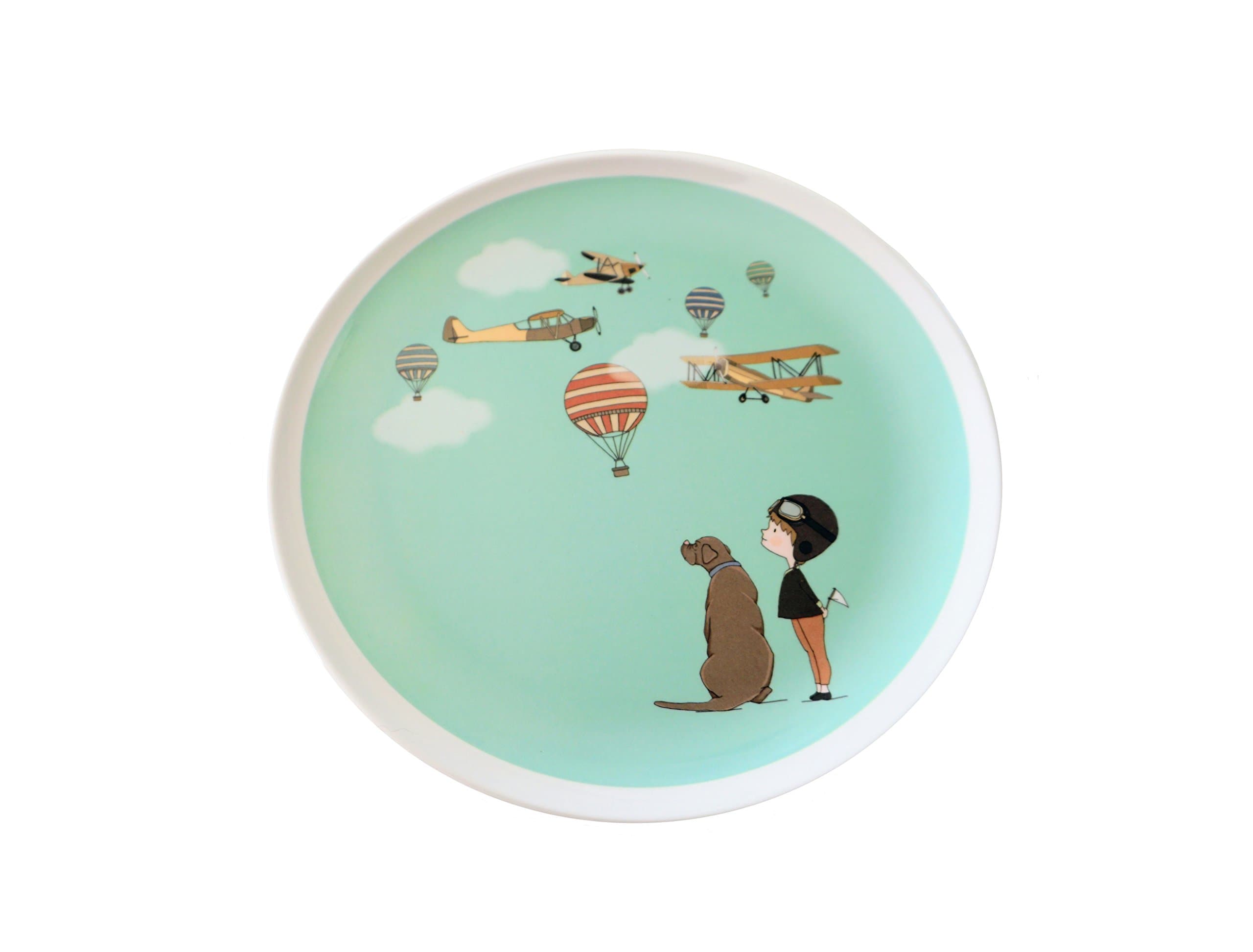 Original illustrated dinner plate for kids, baby, toddler - 8'' round melamine with boy and airplane design
