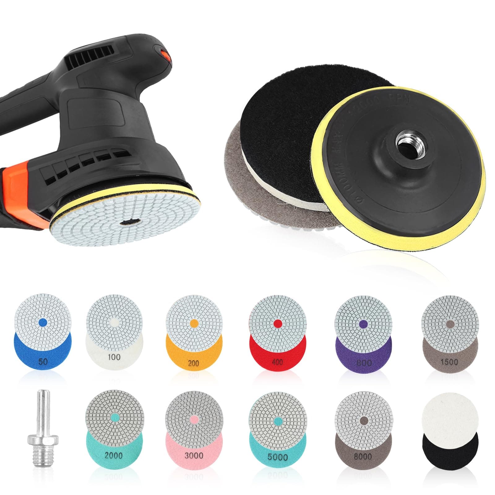 14Pcs Diamond Polishing Pads with M14 Backer Pad, Wet/Dry Diamond Polishing Pads Kit for Granite Stone Concrete Marble Grinding Discs Set 50, 100, 200, 400, 800, 1500, 2000, 3000, 5000, 8000