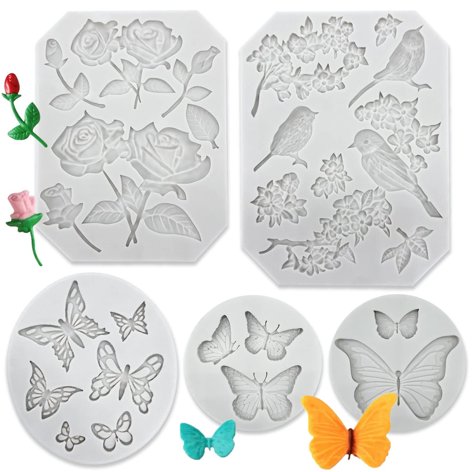 5 Pack Butterfly Rose Flower Stems Birds Blossoms Silicone Fondant Mold, for Making Chocolate Fondant Jelly Polymer Clay Soap Crafting DIY Projects and Cake Decoration