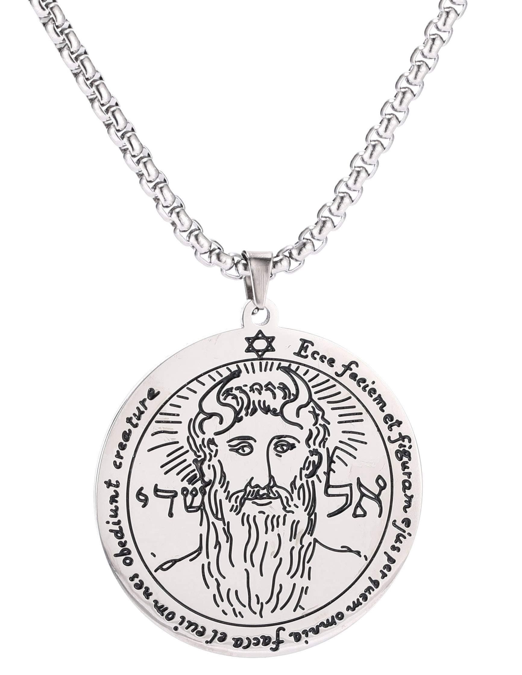 VASSAGO Stainless Steel First Pentacle of the Sun Pendant Necklace Key of Solomon Seal Round Charm Wide Chain Talisman Jewelry Men