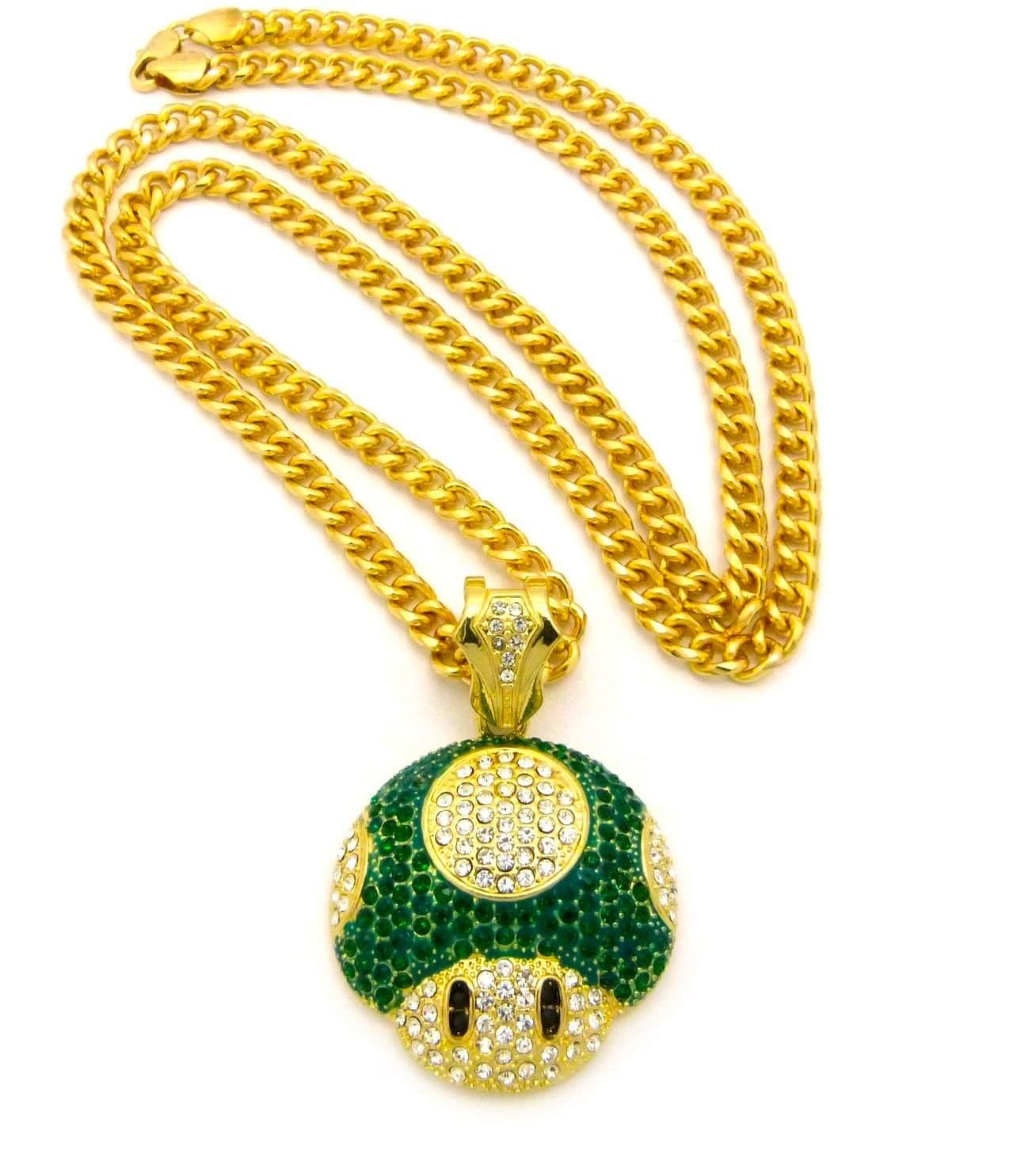 Mushroom Face Pendant Mens Iced Out Hip Hop Cuban Link 30" Chain Necklace Green Gold