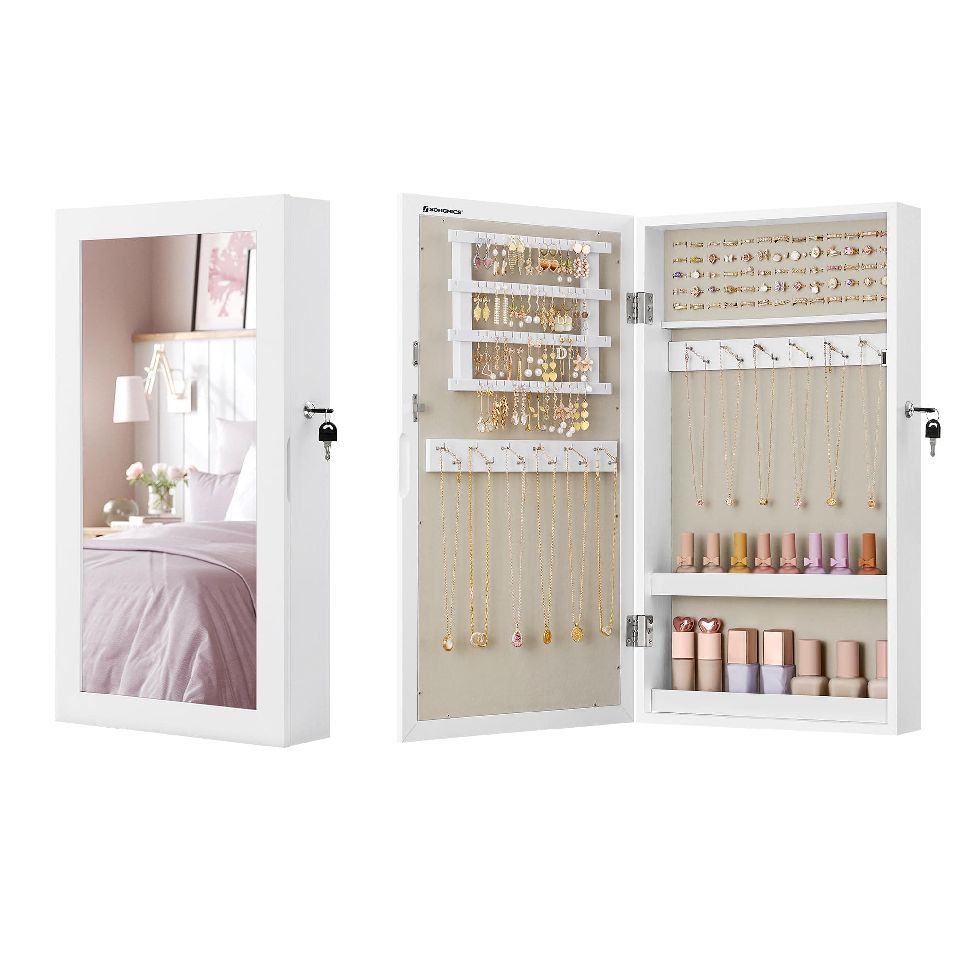 SONGMICS 壁掛けジュエリーキャビネット、収納付きミラー、ロック可能なミラーキャビネット、ミラー付きジュエリーオーガナイザー、省スペース、ホワイト表面、グレージュ裏地 JJC051W02