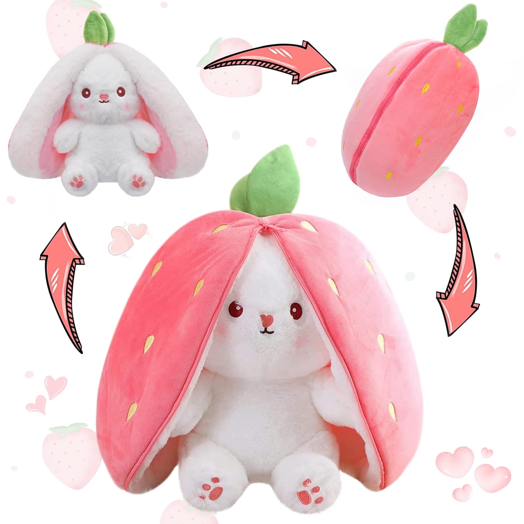 MIAODAM Bunny Stuffed Animal Reversible Cuddle Bunny Stuffed,Strawberry Bunny Transformed Rabbit Plush Zipper,Turns Into Ears Bunnies Plushies Toy Cute Stuffy Doll Easter Girlfriend Gift