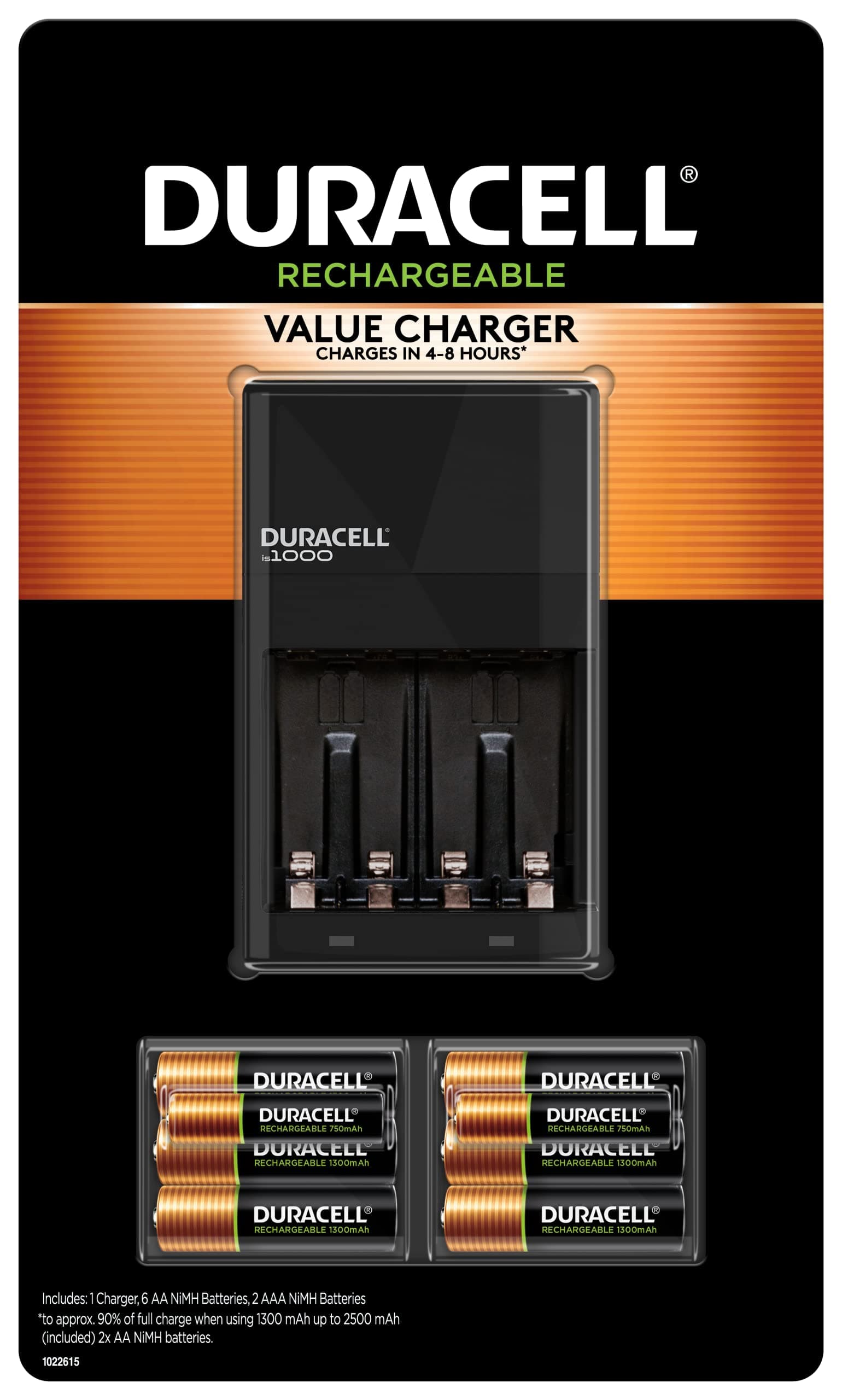 Duracell Ion Speed 1000 Charger for Rechargeable AA and AAA Batteries, Includes 6 AA and 2 AAA Pre-Charged Batteries for Household and Business