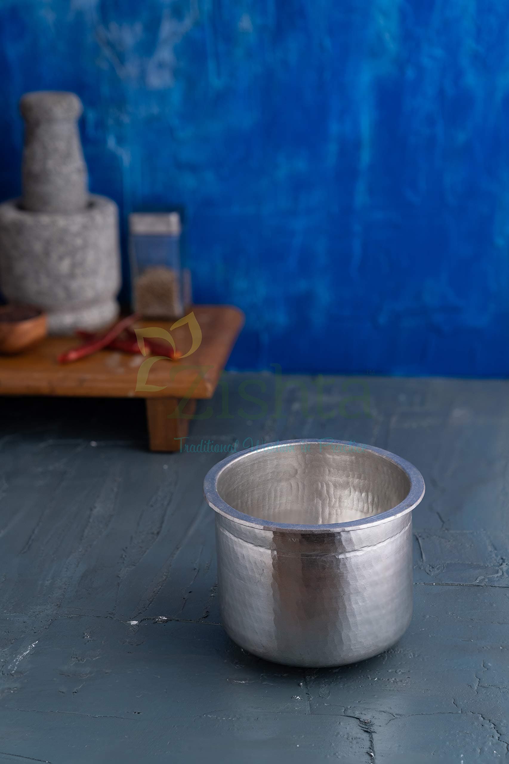 Zishta Traditional Handmade Eeya Chombu - Medium | Tin Vessel | Rasam/Vennai Thazhi Vessel | Special Handcrafted | Silver (Dia: 11cm, Cap: 0.75L, H: 11cm 0.55 Kg)