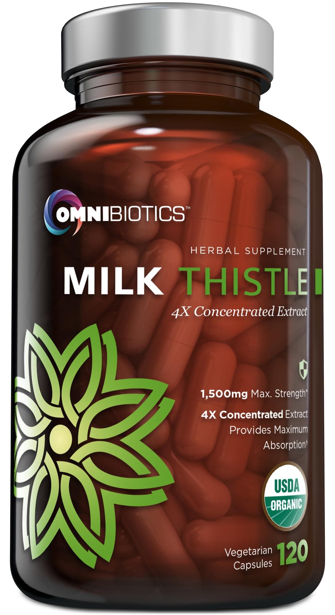 Omni Biotics Organic Milk Thistle Capsules,1500mg 4x Concentrated Extract with Silymarin,120 Vegetarian Capsules