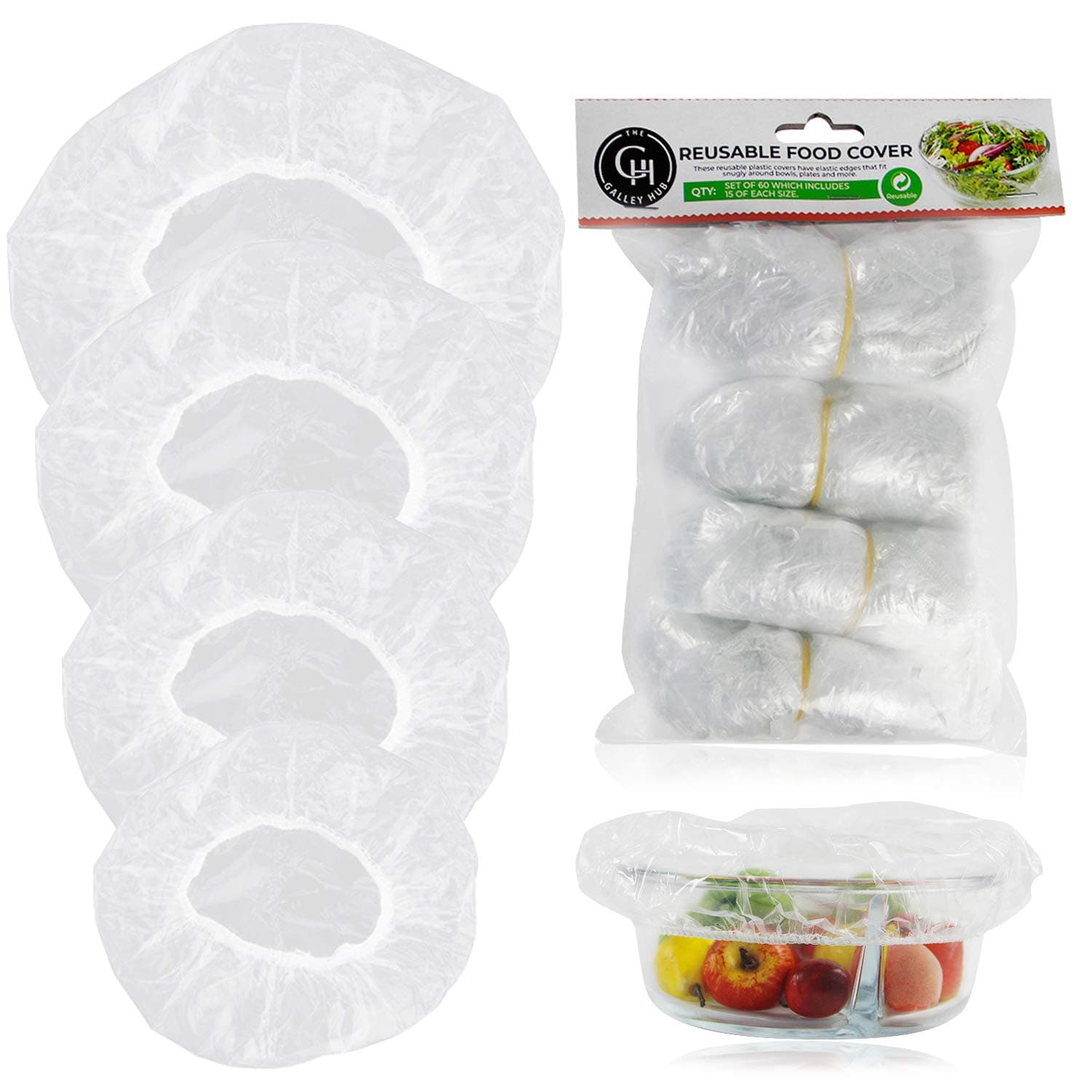 Elastic Food Storage Covers, 60 Reusable Plastic Bowl Covers, Fitted, Transparent, 4 Sizes (7.8in, 9.8in, 11.8in, 13.8in)