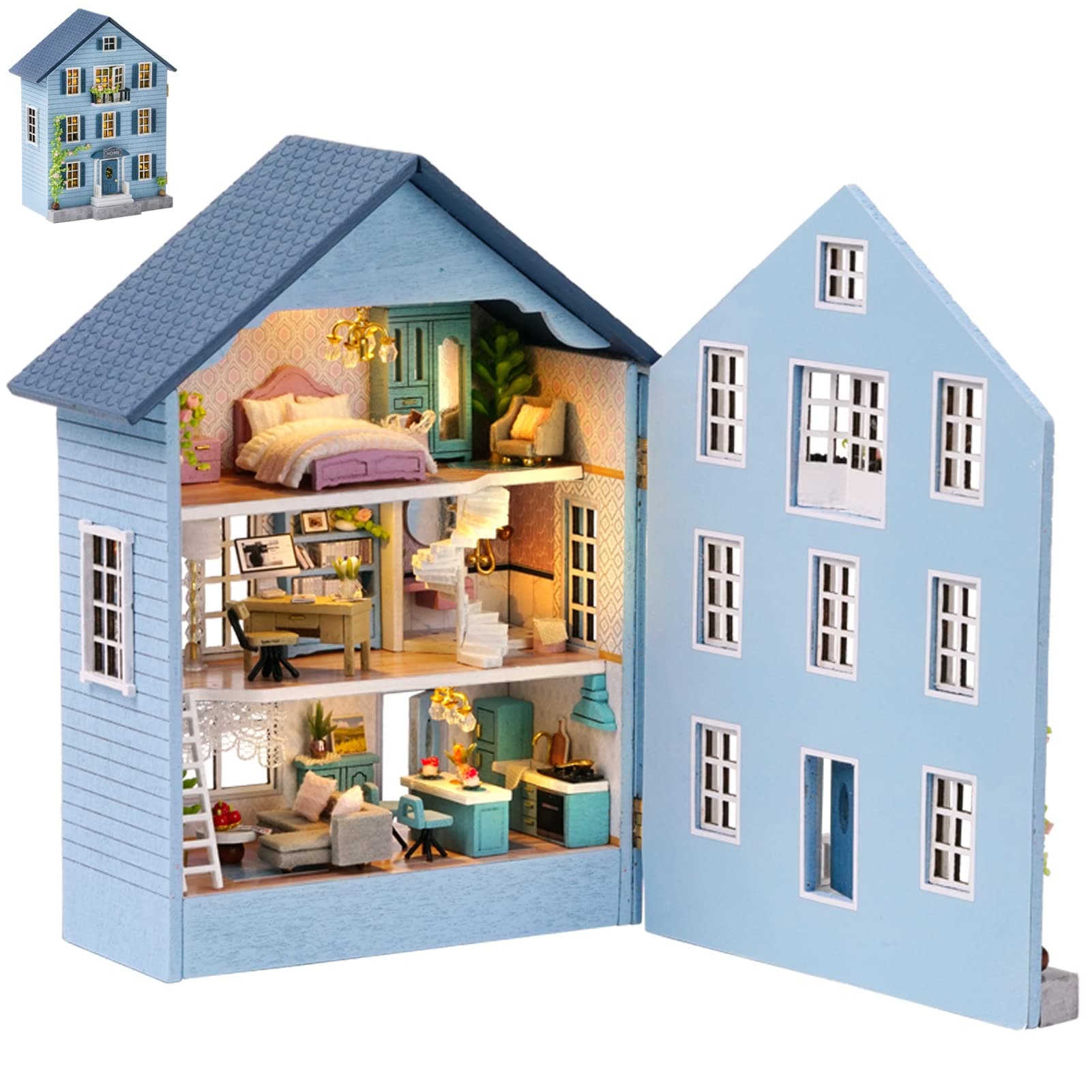 Spilay DIY Wooden Miniature Dollhouse Handmade Kit Furniture Set Interior Ornament Housewarming Creative + LED Light, 3D Puzzle Toy for Kids, Friends, Lovers, Birthday, Holiday, Christmas Gift (D31