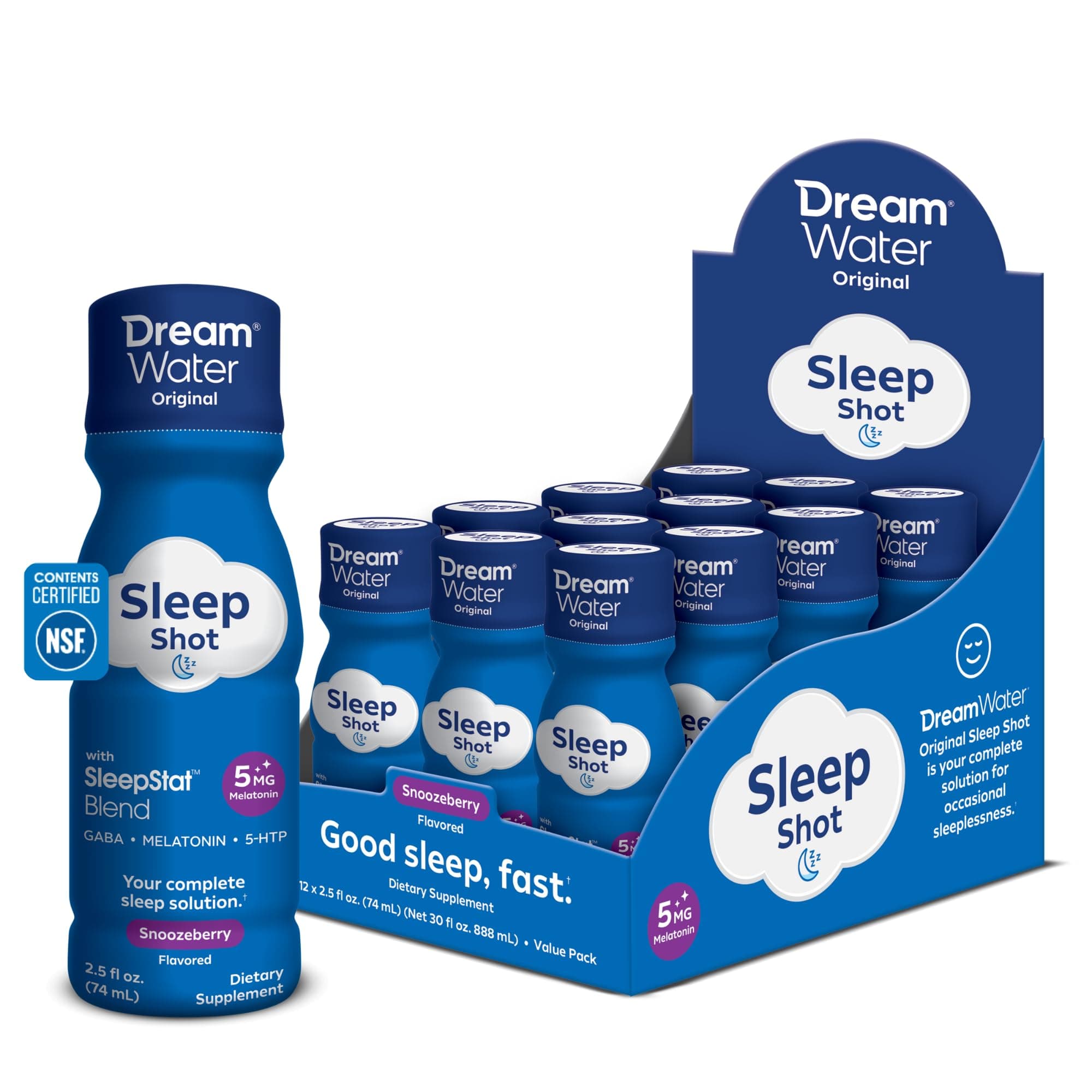 Sleep Aid Supplement Drink; Melatonin 5mg, GABA, 5-HTP; Zero Sugar, Natural Flavors, No Added Colors, 2.5 oz Liquid Sleep Shots, Snoozeberry, 12-Count