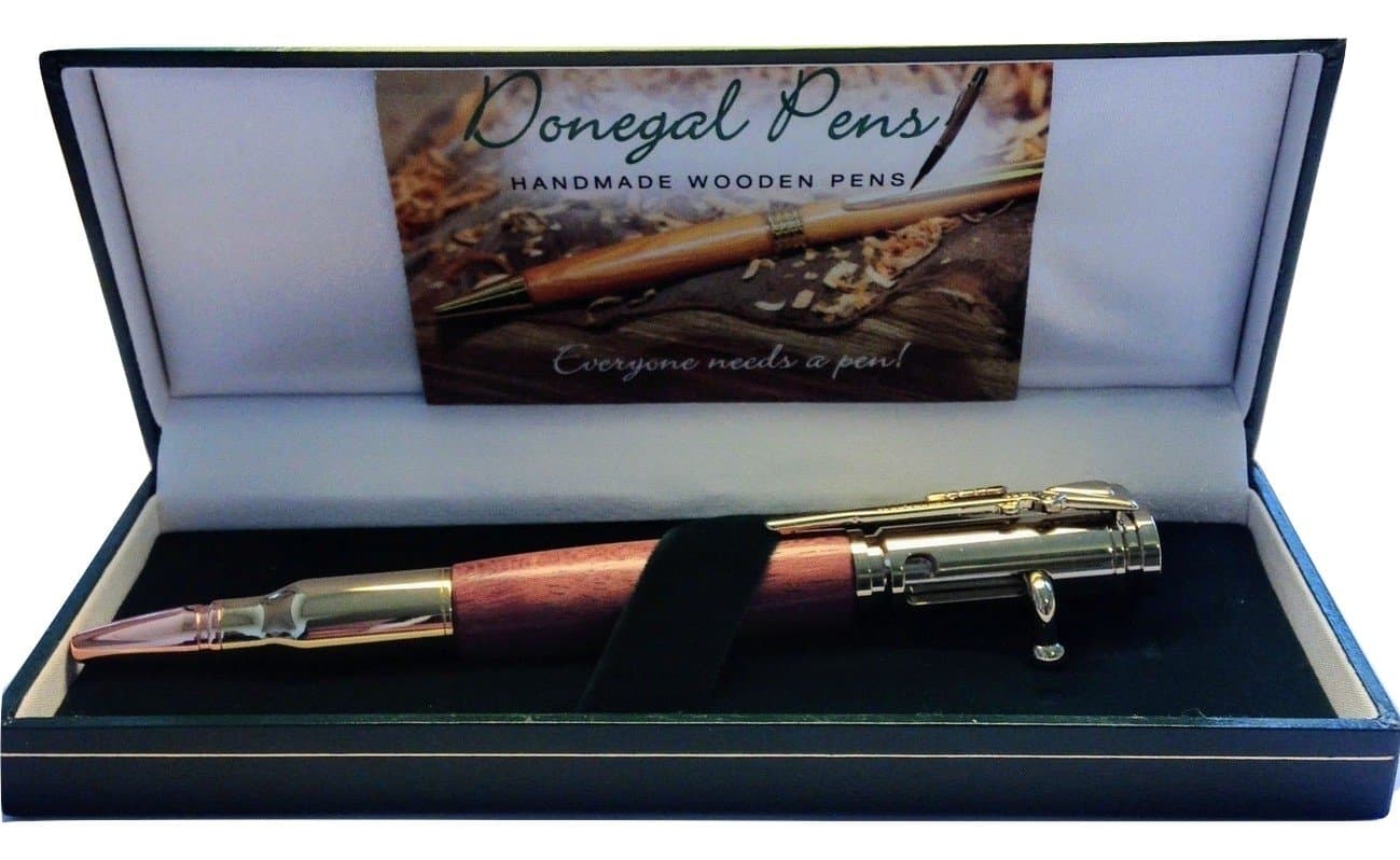 Donegal Pens Handcrafted Wooden Refillable Ballpoint Pen- Made in Ireland with Purple Heart Wood and Enhanced with Gold Trim and Rose Gold Tip. Bolt Action Design.