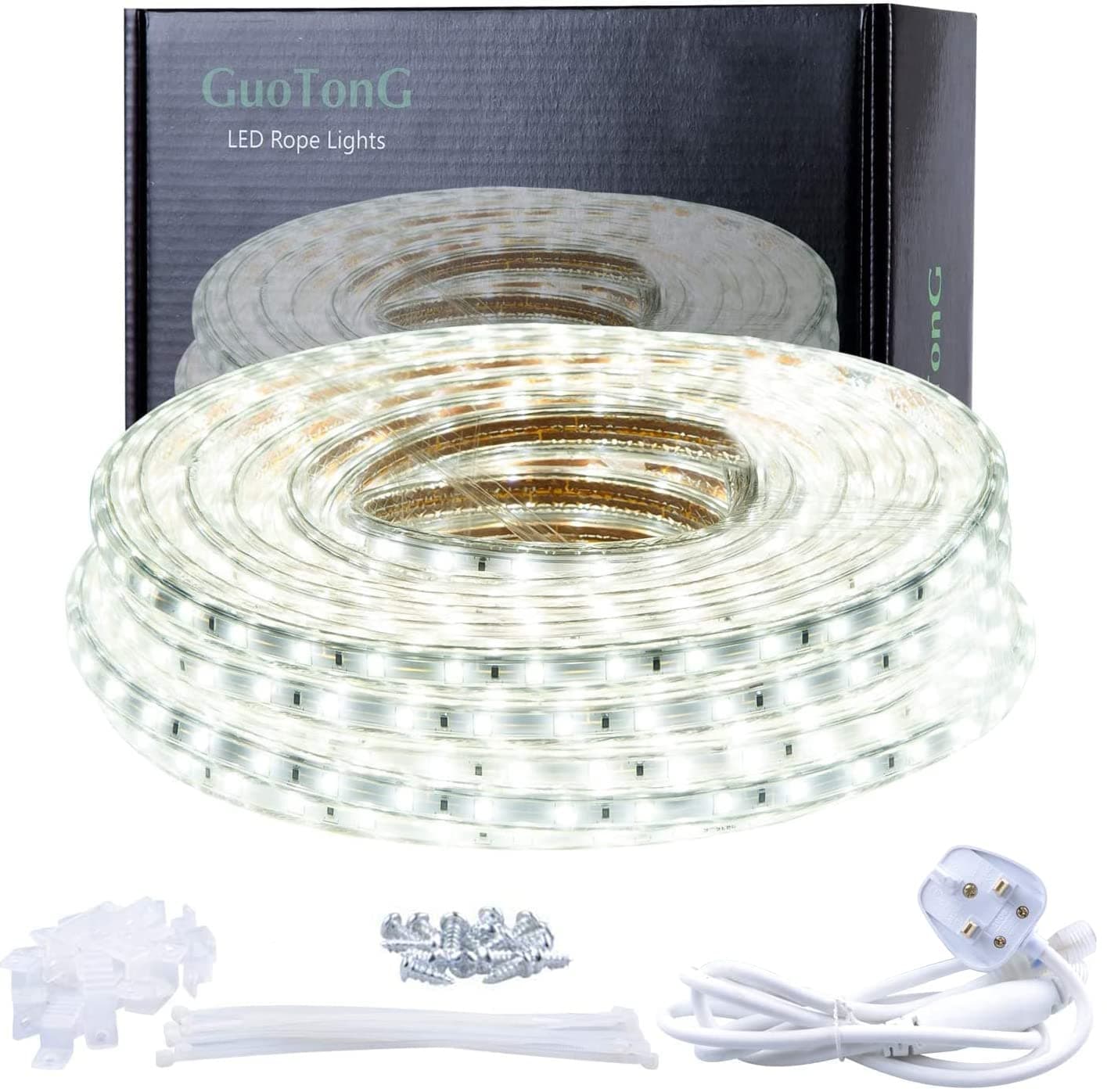 50ft/15m LED Light Strip kit,Waterproof, 6000K Daylight White,220V 2 Wire, Flexible, 900 Units SMD 2835 LEDs,UL Listed Power Supply,Indoor/Outdoor Use, Ideal for Backyards, Decorative