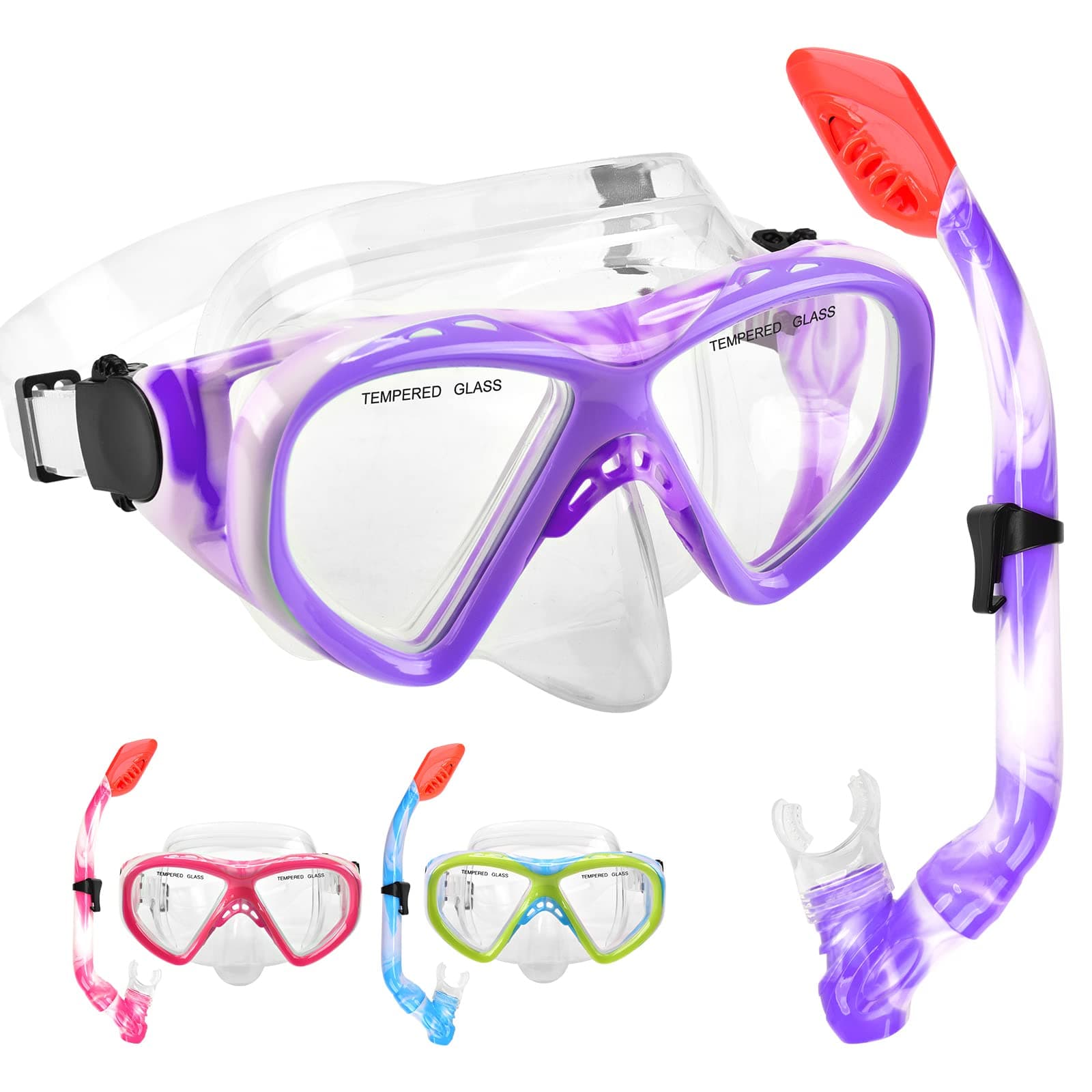 Kids Snorkel Set Dry Top Snorkeling Gear for Kids Youth Boys Girls Junior Age 5-15,Tempered Glass Swimming Diving Mask and Snorkel Set 180 Degree Panoramic View