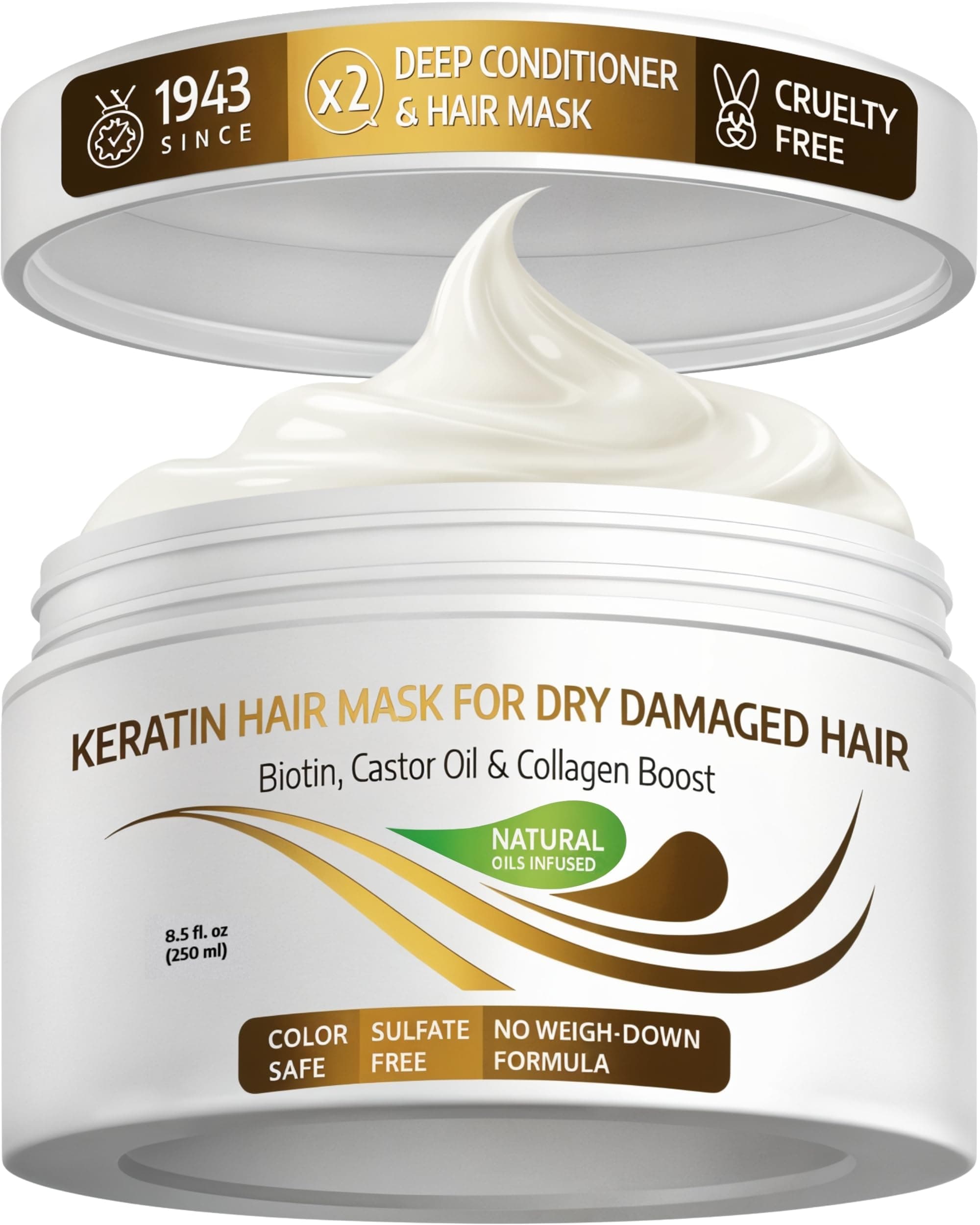 Keratin Hair Mask for Damaged Hair - Protein Keratin Treatment Deep Conditioner for Dry Locks - Collagen Biotin & Castor Oil Repair Dryness & Enhance Shine - 250 ML