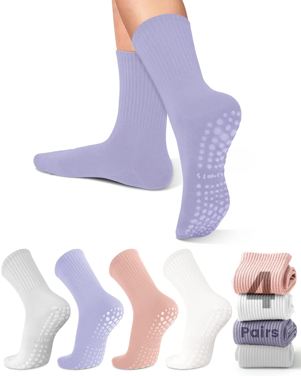yeuG Pilates Grips Socks for Women, Non Slip Socks for Yoga, Barre, Dance, Hospital, Workout Anti Skid Crew Socks, A03-light Grey/Light Purple/Pink/White, Small-Medium