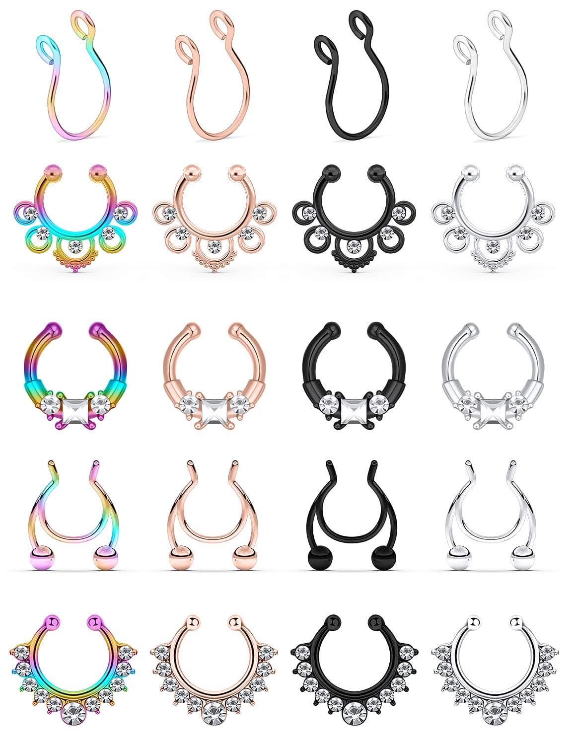 Fake Septum Nose Hoop Rings Stainless Steel Faux Lip Ear Nose Septum Ring Non Piercing Clip On Nose Hoop Rings Body Piercing Jewelry Clear CZ 20PCS