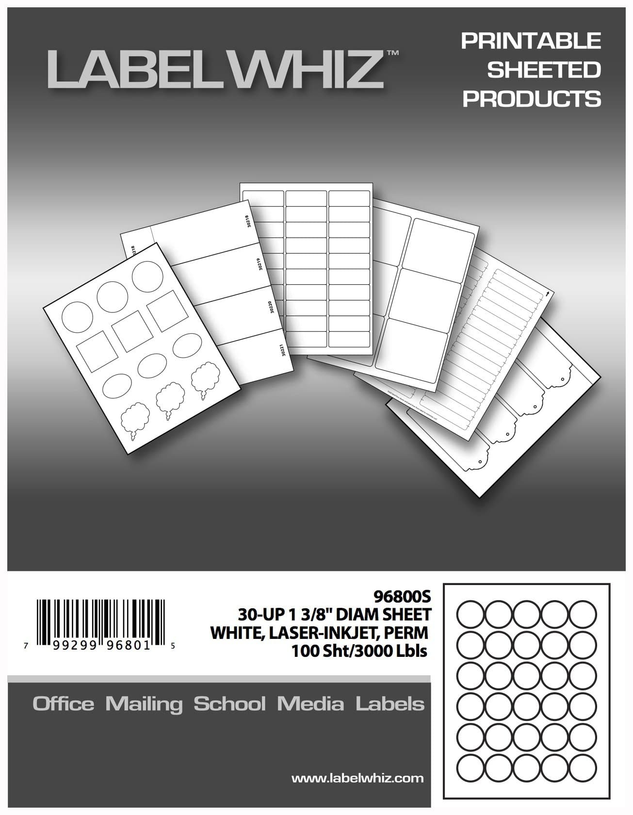 LabelWhiz All Purpose Label Sheets for Laser and Ink Jet Printers, 1-3/8-Inch in Diameter, 30 Round Labels Per Sheet, 100 Sheets, White (96800S)