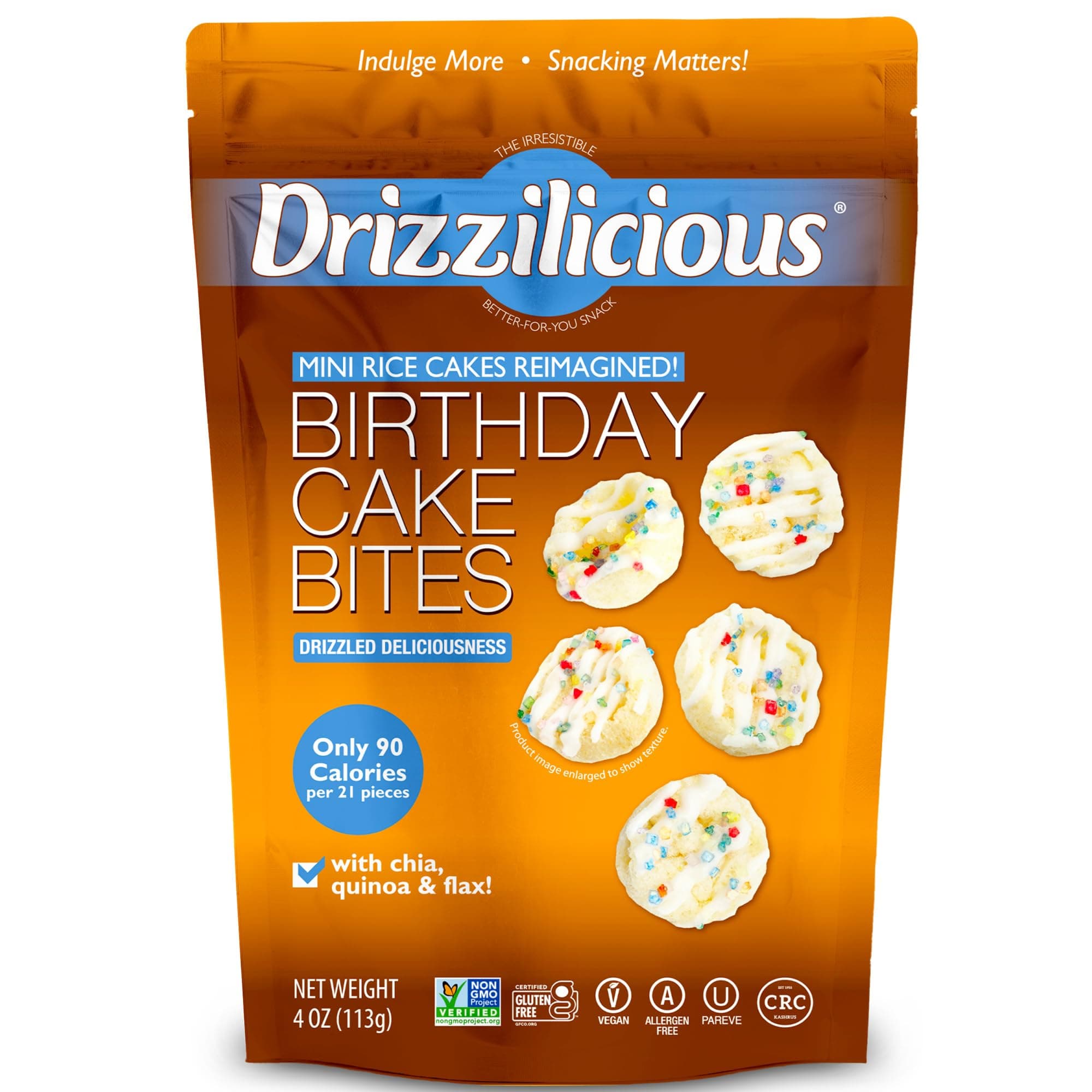 Drizzilicious Mini Flavored Rice Cakes Birthday Cake - Rice Crisps, Healthy Snack for Adults and Kids, Vegan, Gluten Free Snack, Allergen Free, Only 90 Calories Per 21 Pieces - 4 oz (Pack of 1)