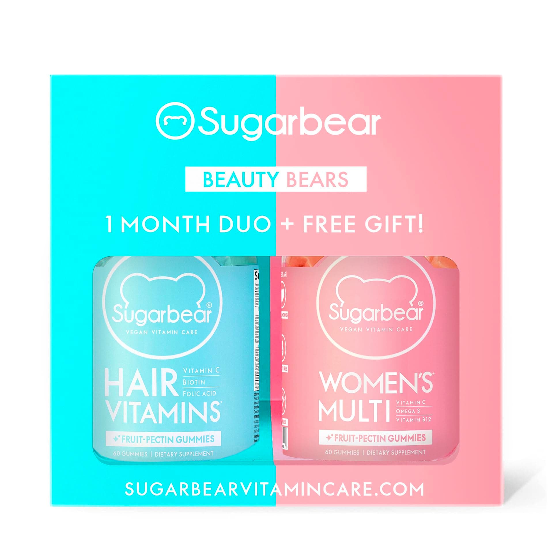 SugarbearPRO Vitamins (Beauty Bears) Vegan Hair Gummy Vitamins with Biotin, Vitamin D, Folic Acid + Women's Multivitamins for Hair, Skin & Nails + Gift