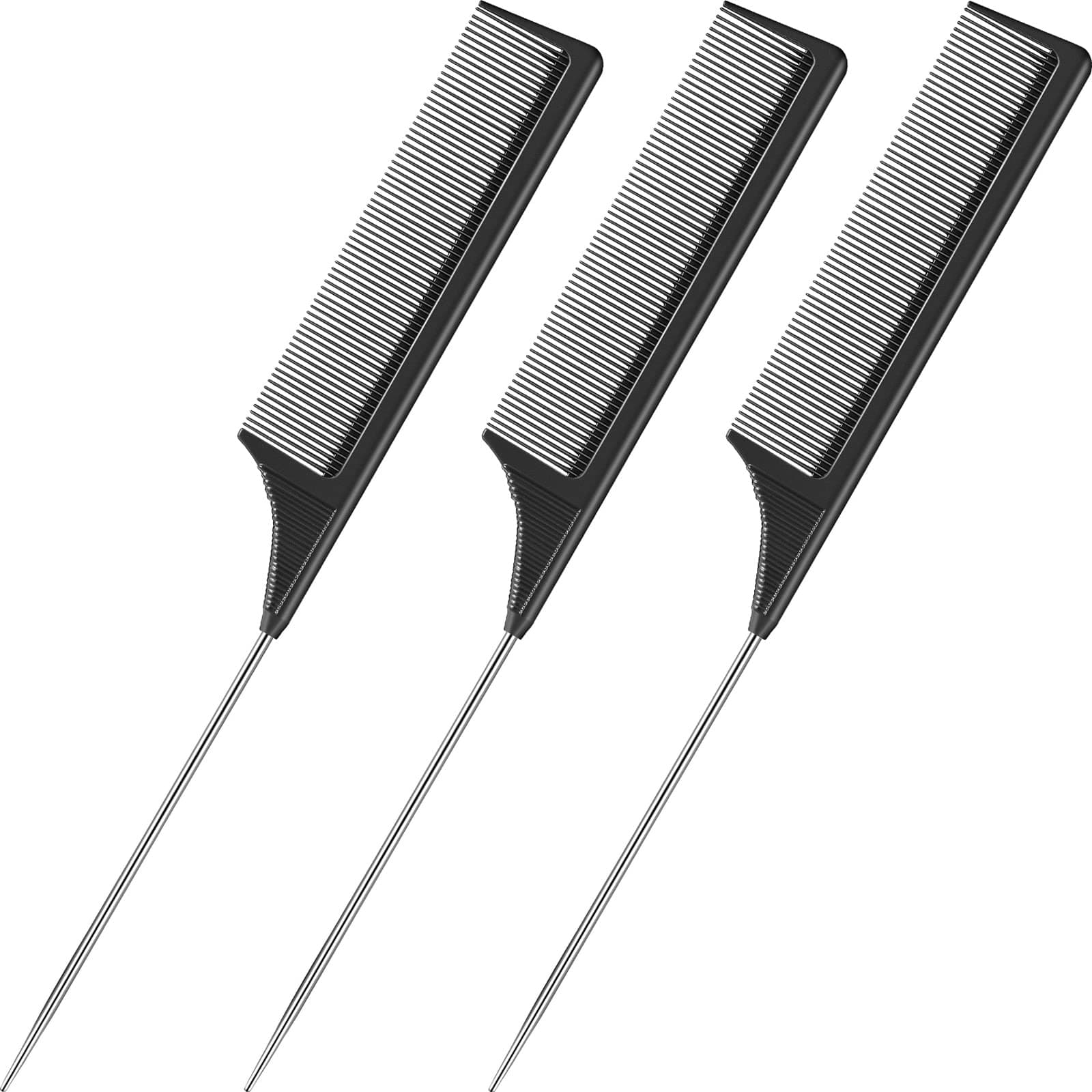 3 Pack Tail Comb Black Carbon Fiber and Stainless Steel Pintail and Heat Resistant Teasing Comb (Style B)