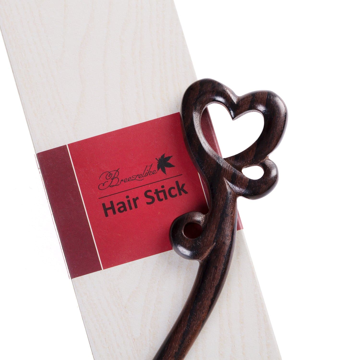 Breezelike Wooden Hair Stick - Carved Ebony Hair Pick : Love Heart - Handmade Natural Black Sandalwood Hair Pin with Premium Gift Box