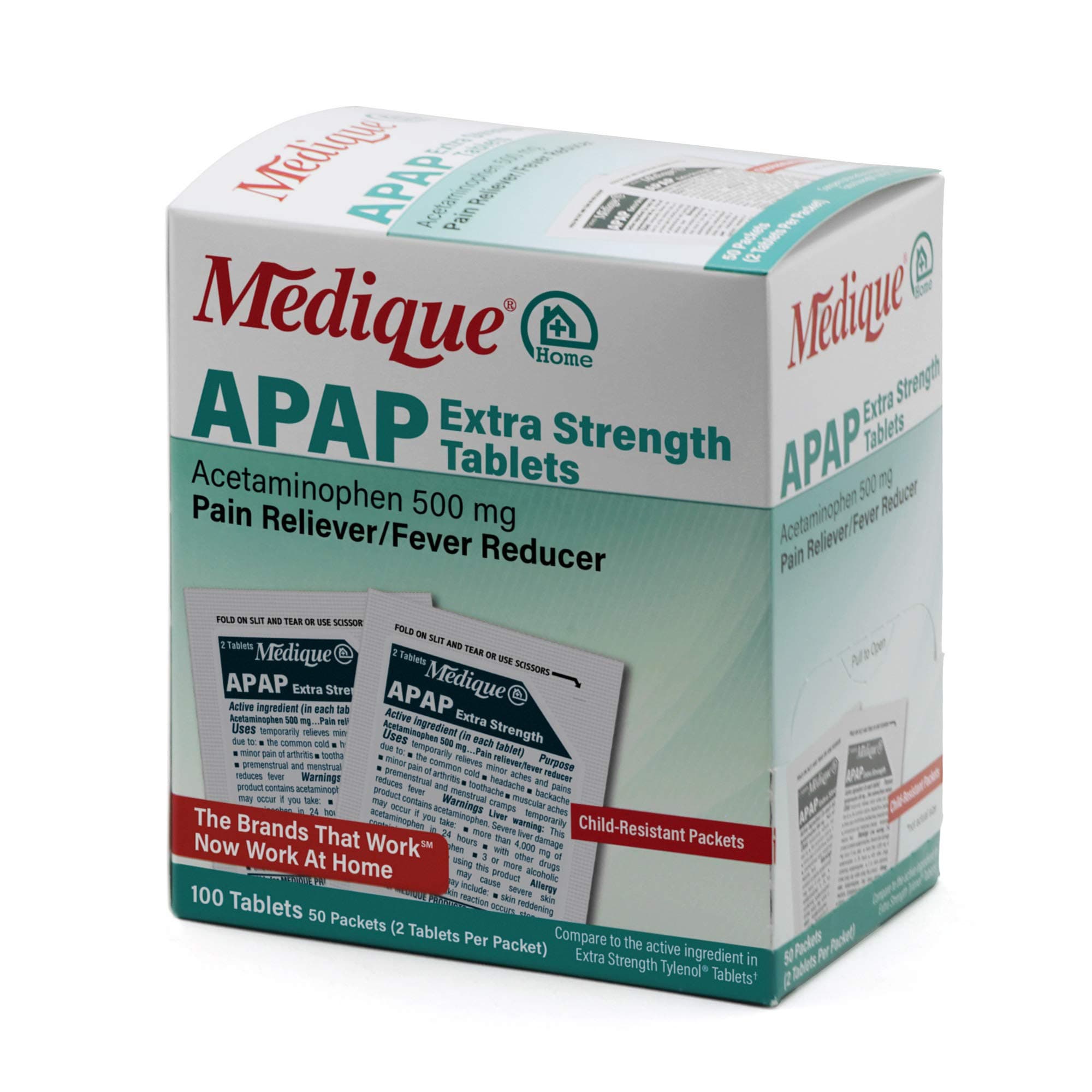 Medique @ Home 70433 Extra Strength APAP Tablets, Non-Aspirin, 50 Packets (2 Tablets per Packet) Total-100 Count