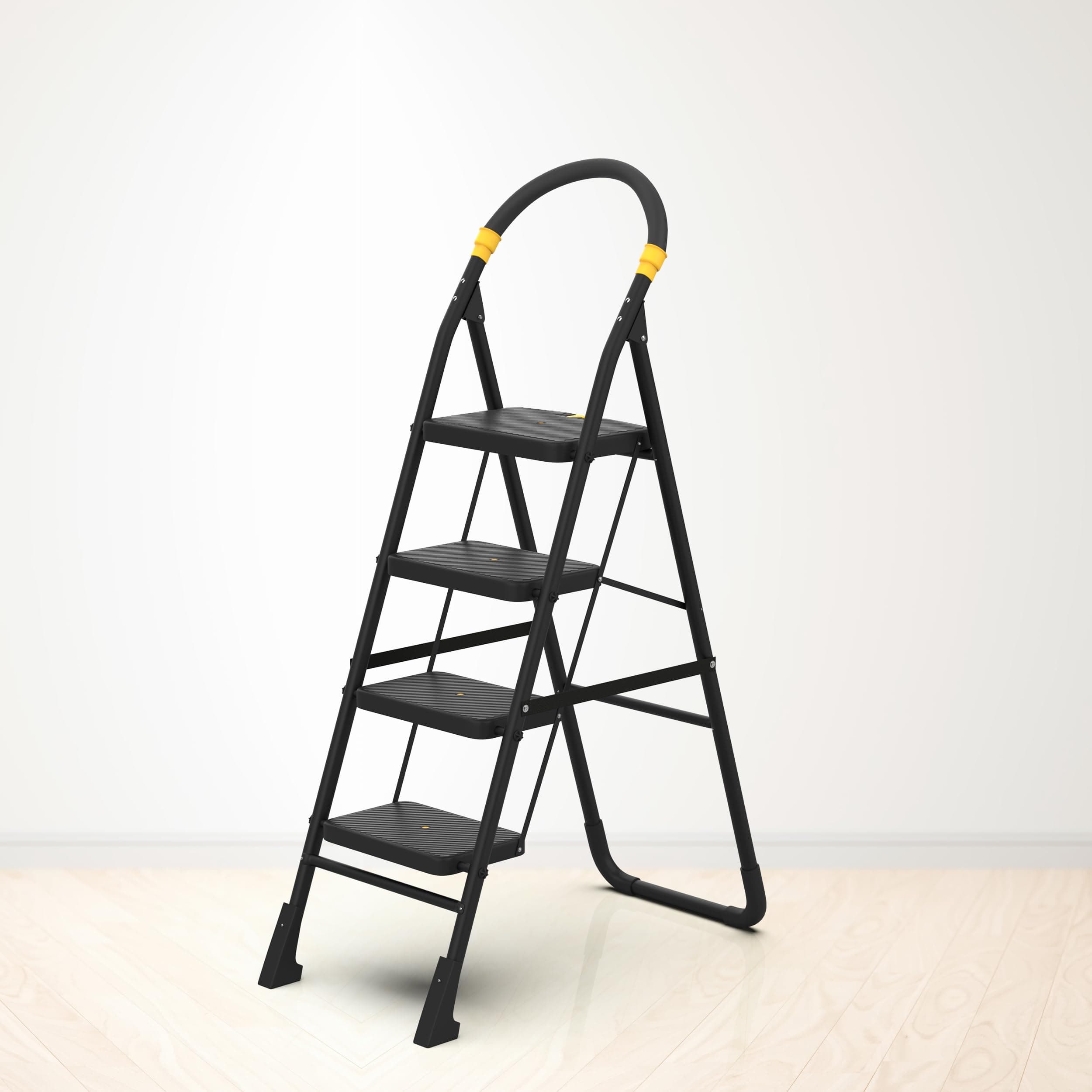 - TruCare Home Ladder, Foldable with 4 Slip-Resistant Steps Durable, Heavy Duty, Anti-Skid Steel Ladder | Guard Rail for Safety (4 Steps, Black)