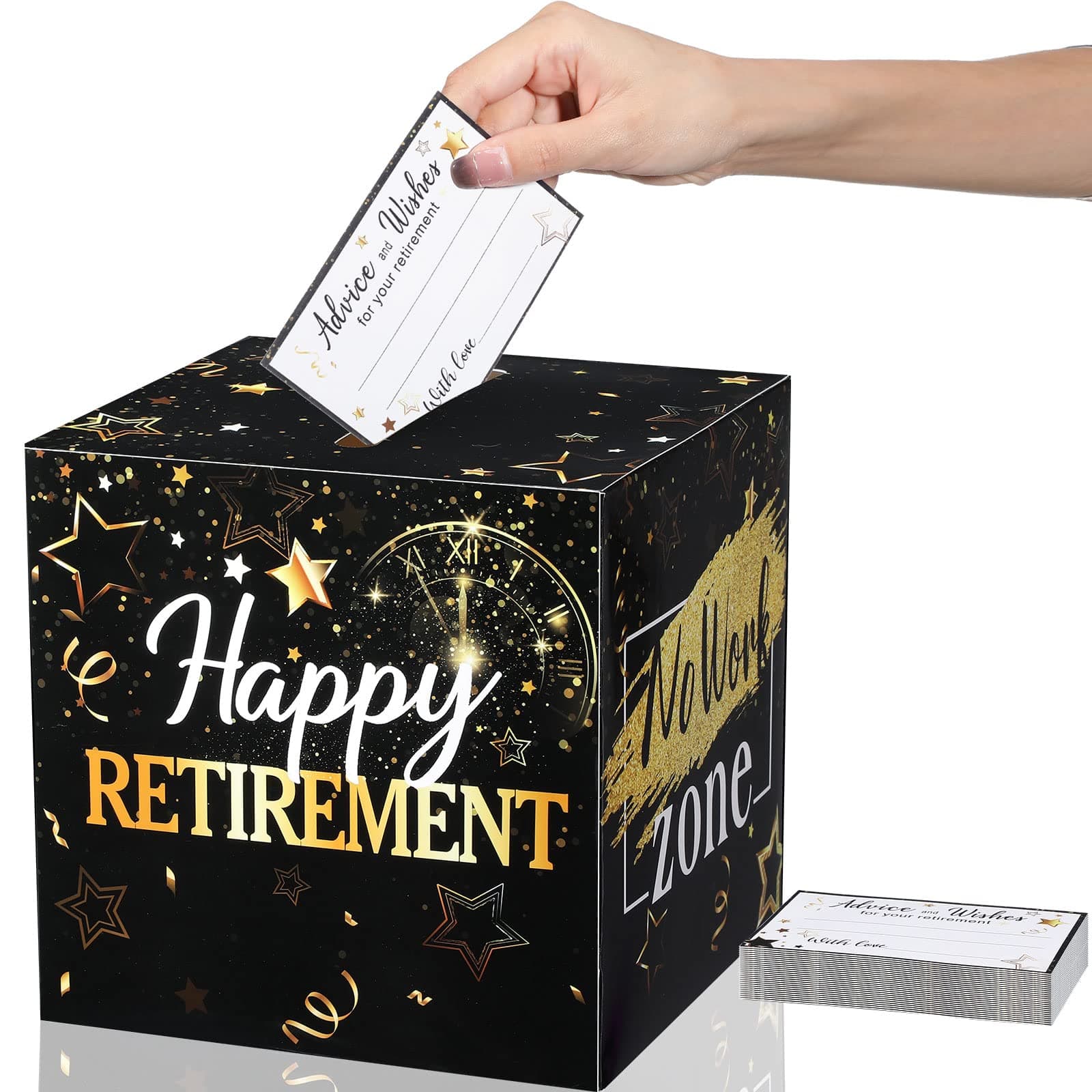Funrous 51 Pcs Retirement Card Box Happy Retirement Party Decorations Well Wishes and Advice Card for Women Men Going Away Party Favors(Black and Gold)