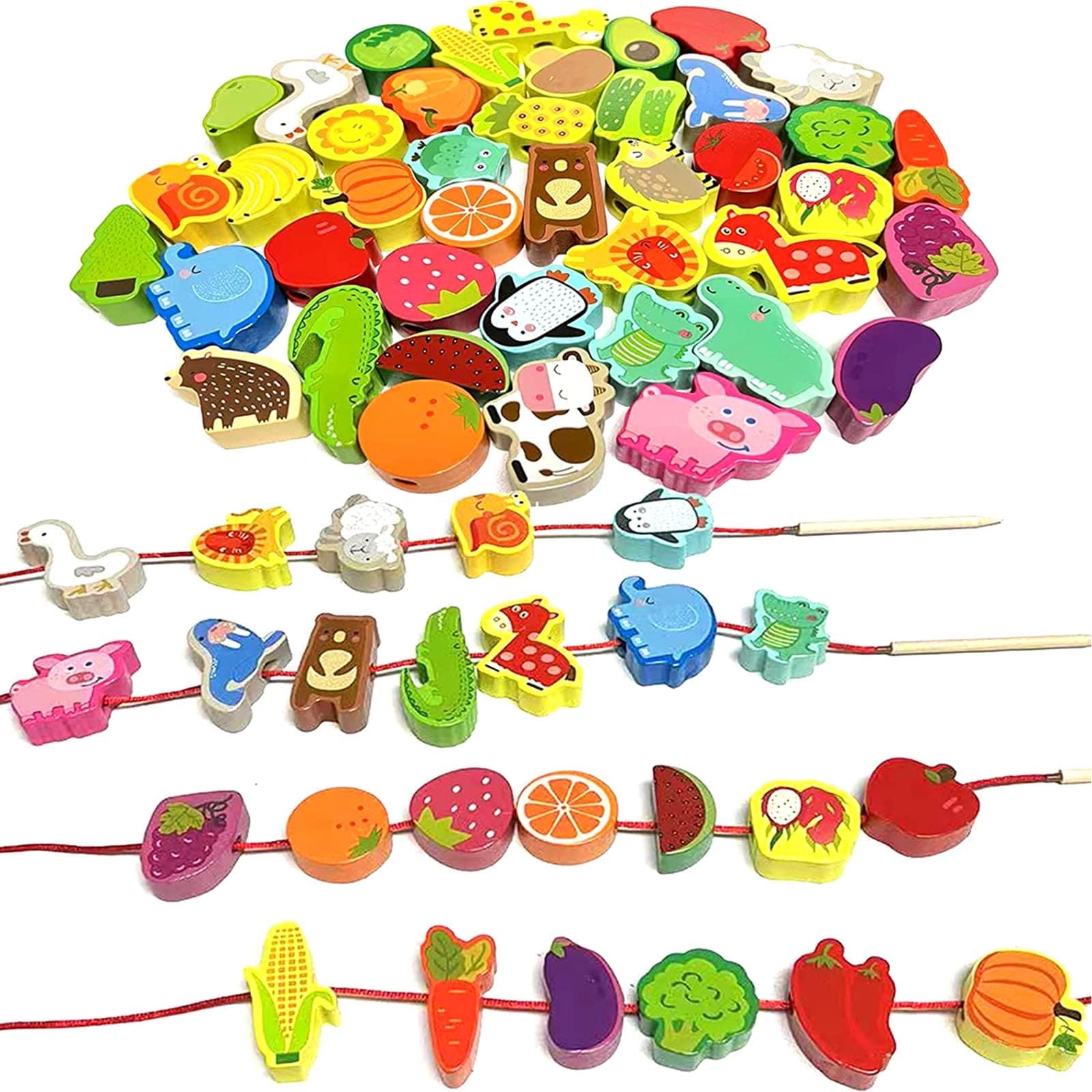 46 PCS Montessori Wooden Lacing Beads Toys for Toddlers,Educational Stringing Animals Fruits Farm Threading Beads Preschool Learning Toys for Kids 3 4 5 6 Year Old Boys Girls…