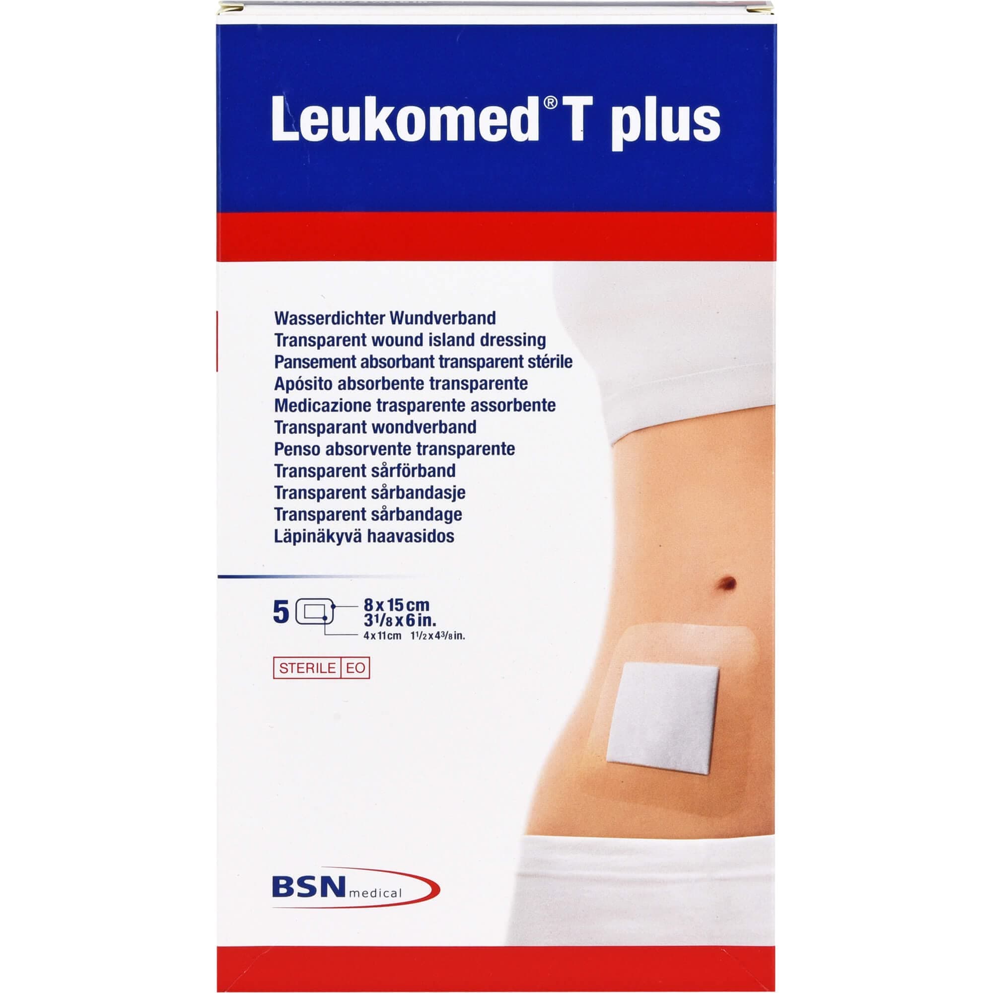BSN MedicalLeukomed T Plus Sterile Transparent Waterproof Adhesive Film Dressing with Pad, 8 cm x 15 cm Size