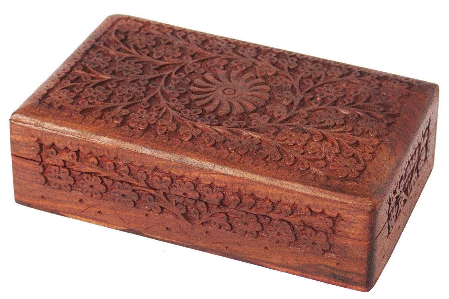 AjunyAjuny Wooden Handcarved Decorative Jewelry Trinket Storage Box Floral Patterns Multipurpose Use as Keepsake Organizer Watch Box Great for Gifts - Brown, 8X5 Inch