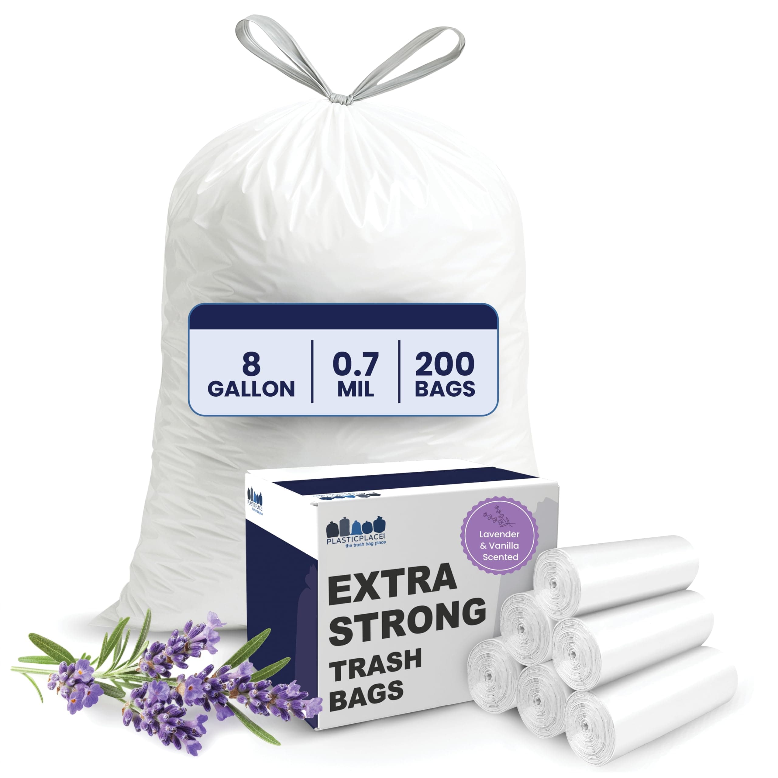 Plasticplace 8 Gallon Trash Bags │ 0.7 Mil │ Lavender and Soft Vanilla Scented Garbage Can Liners │ 22" x 22" (200 Count), White