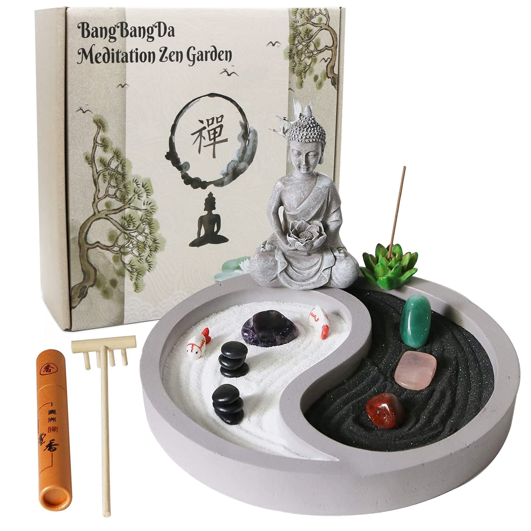 Mini Zen Garden Kit for-Desk - Yin Yang Crystal Sand Rock Garden with Zen Rake Buddha Statue Healing Stones White Sand, Japanese Meditation Gift Set for Home Office Desktop Fidget Toys