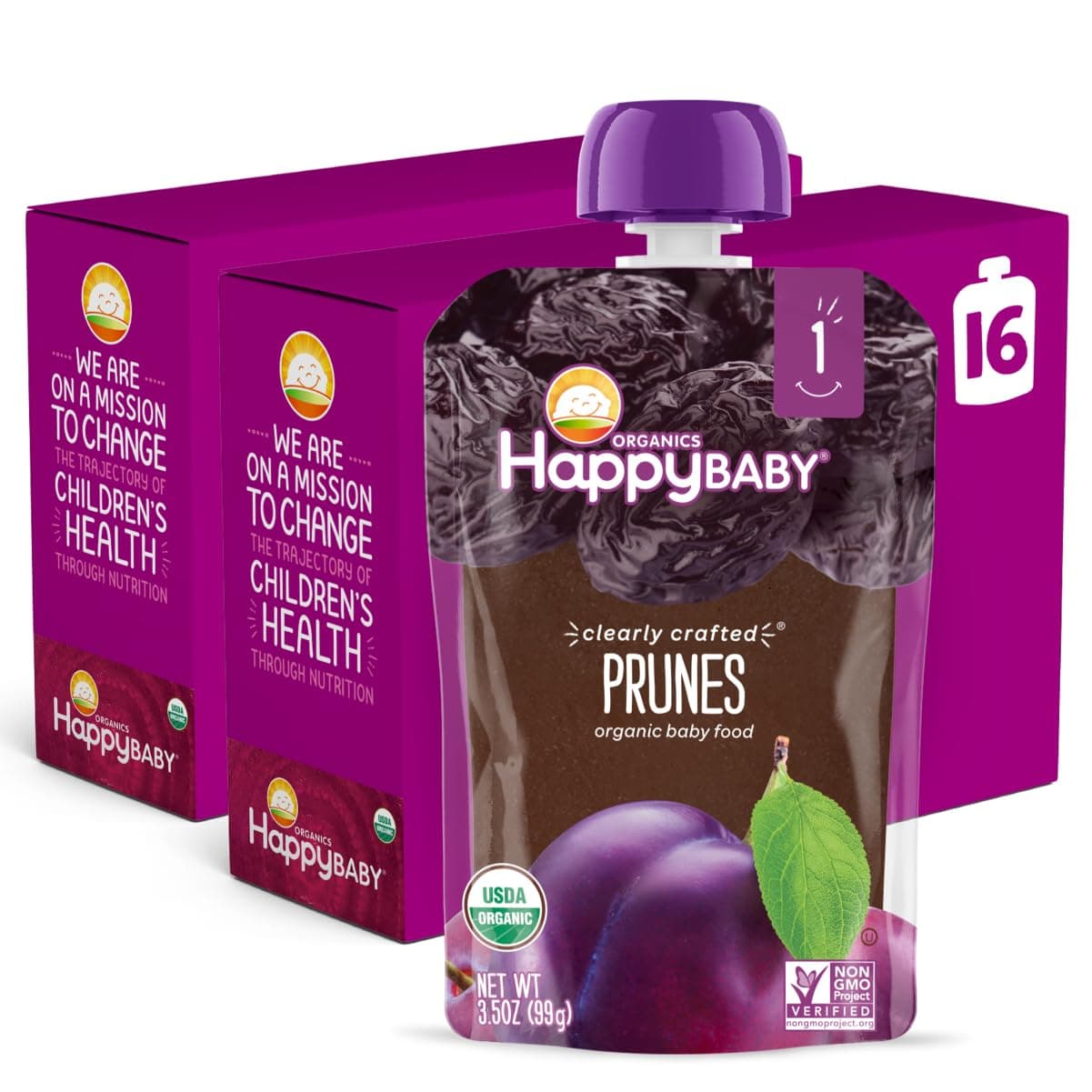 Happy Baby Organics Clearly Crafted Stage 1 Baby Food Pouches, Prunes, 3.5 Ounce Pouch (Pack of 16)