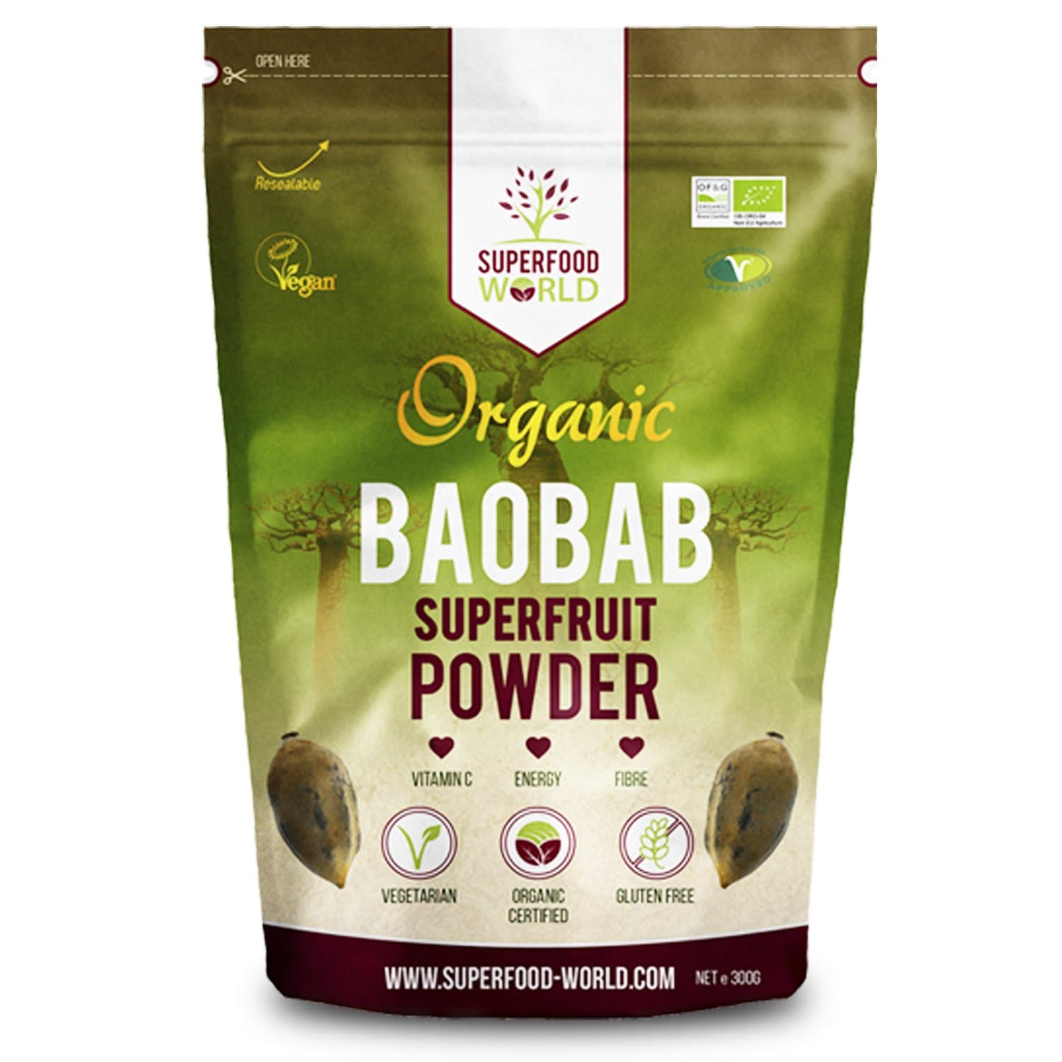 Organic Baobab Powder 300g | Raw Organic Baobab Superfruit Powder | Rich in Vitamin C, Fibre & Antioxidants | Supports Healthy Skin, Digestion & Blood Sugar | Ideal for Smoothies & Juices