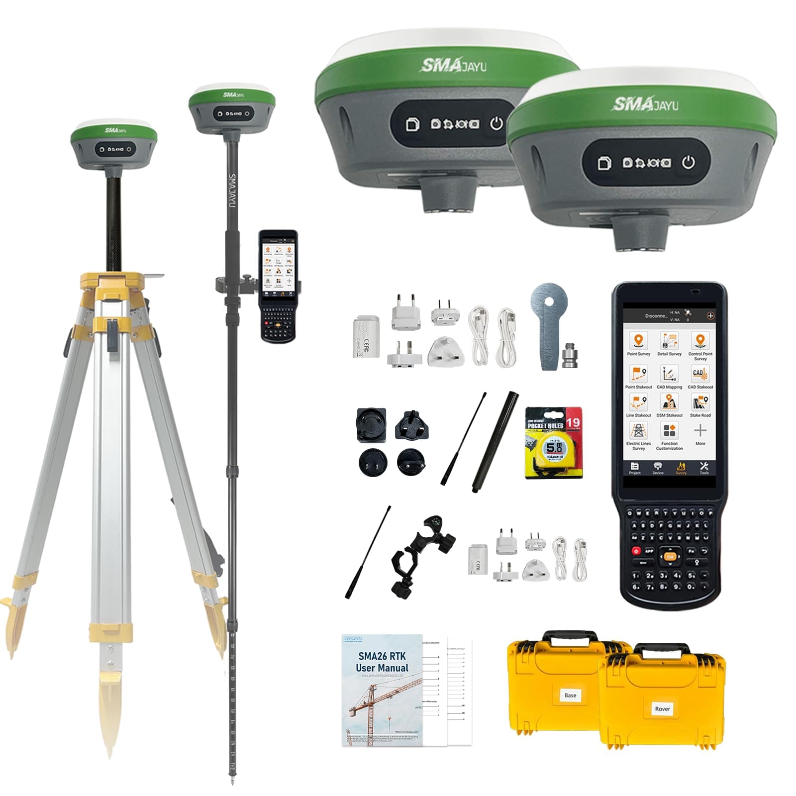 SMA26 GNSS IMU RTK GPS Surveying Equipment Rover Base Handheld Collector and Survey Software, NOAA certificated, 1408 Channels, 1cm Accuracy, 5km Distance(exclude tripod&pole)