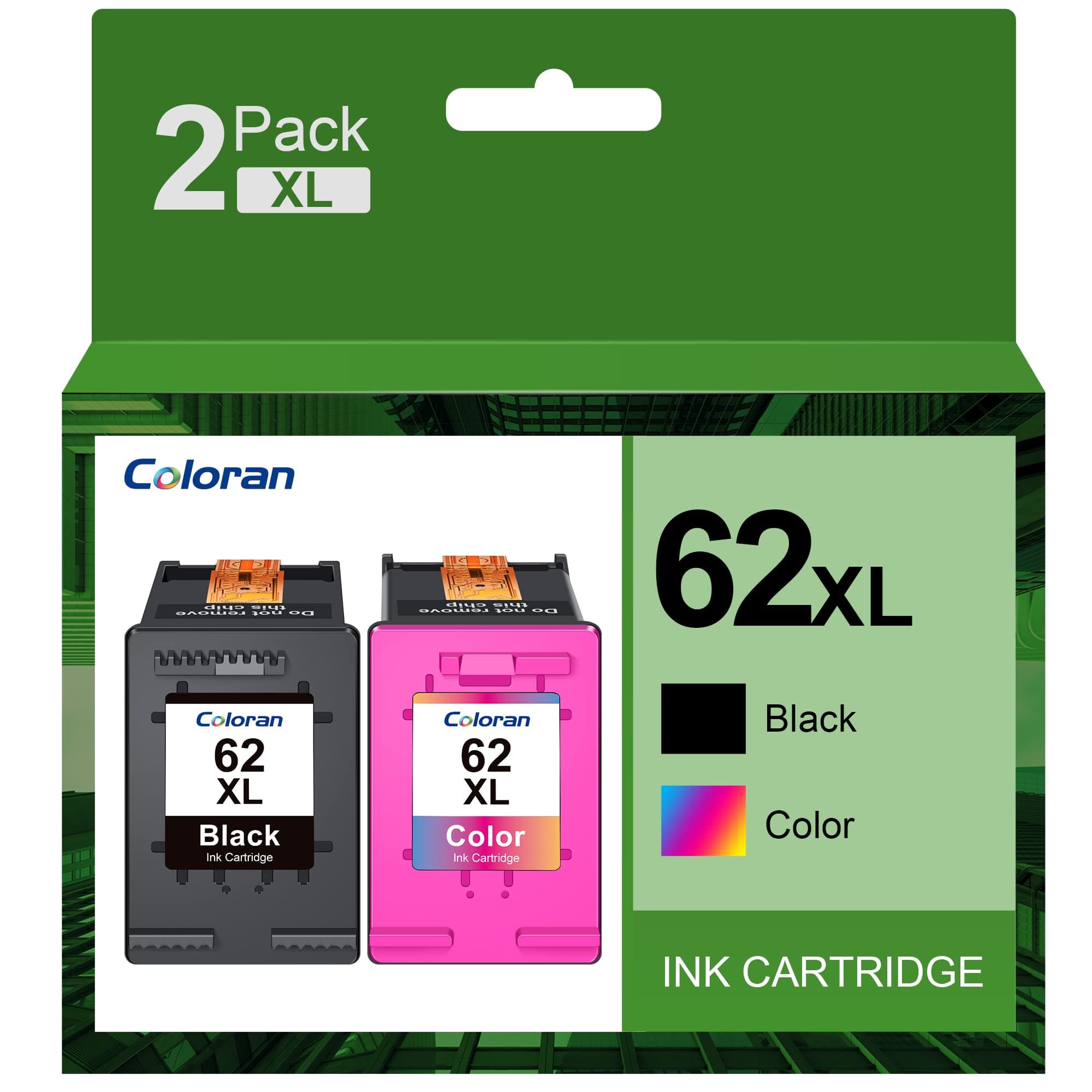 Coloran 62XL Ink Cartridges, for HP 62 XL Black and Tri-color, Compatible for Envy 5540 5541 5542 5543 5544 5545 5546 5547 5548 5640 5642 5644 7640 OfficeJet 200 250 5740 5742 5744(2-Pack)