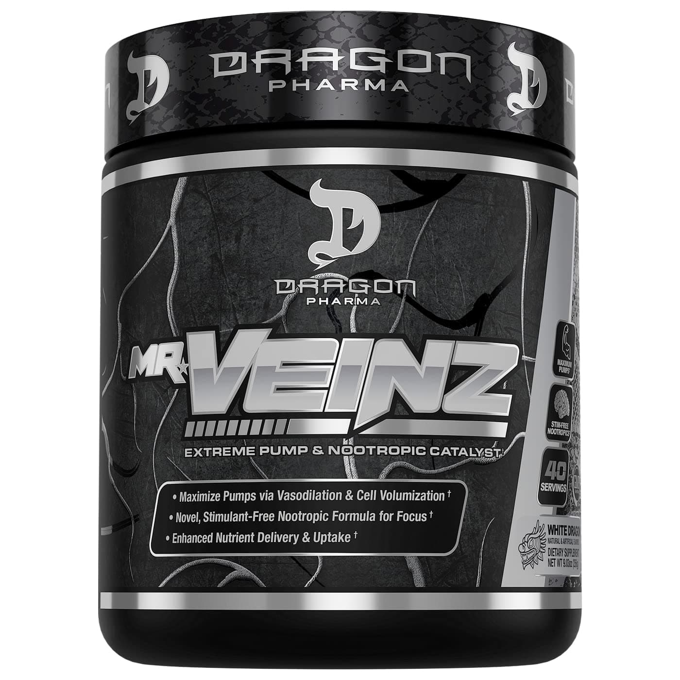 DRAGON PHARMA Mr. Veinz Stim Free Pre-Workout, Extreme Pump & Nootropic Catalyst, Maximize Pumps via Vasodilation & Cell Volumization, Stimulant-Free Formula for Focus (40 Servings, White Dragon)