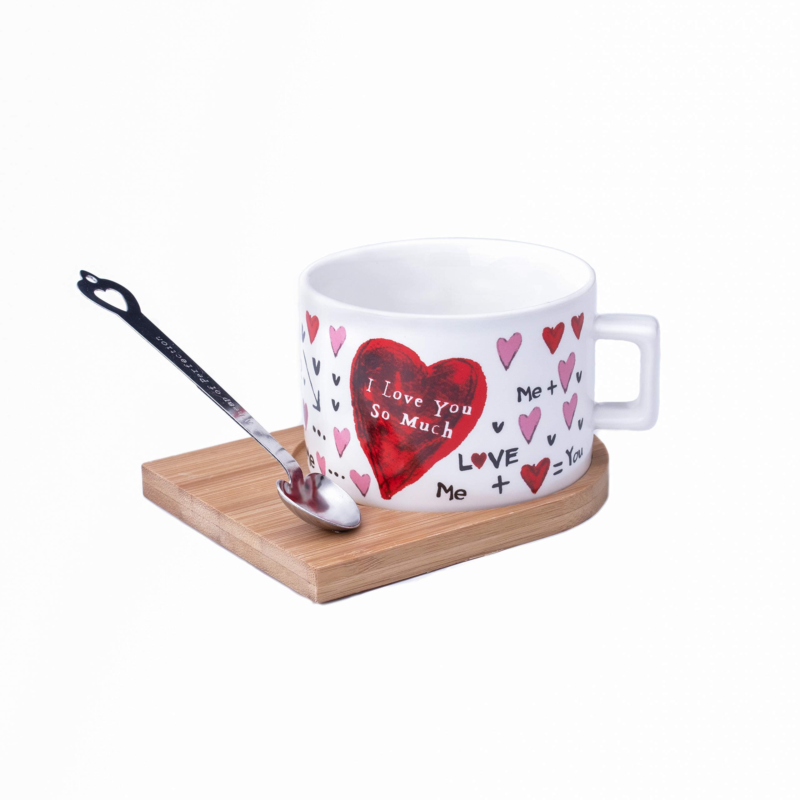 Ceramic Small Coffee Mug, 6OZ Cute Mug with Spoon and Coster, Hidden Magnet for Holding Spoon, Perfect Gift,for Friends, Family, Valentine's Day and children.