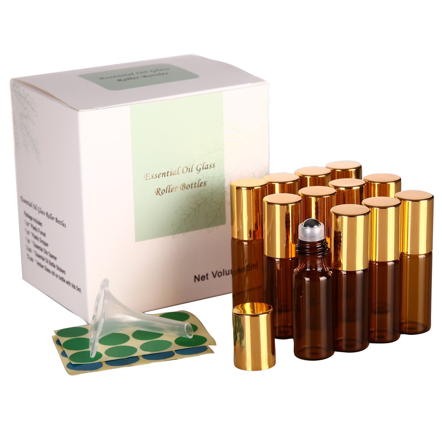 5ml Roll on Glass Bottle-Set of 12 Essential Oil Roller Bottles with Stainless Steel Roller Balls, Golden Plastic Caps and Plastic Droppers for Perfume, Aromatherapy & Essential Oils