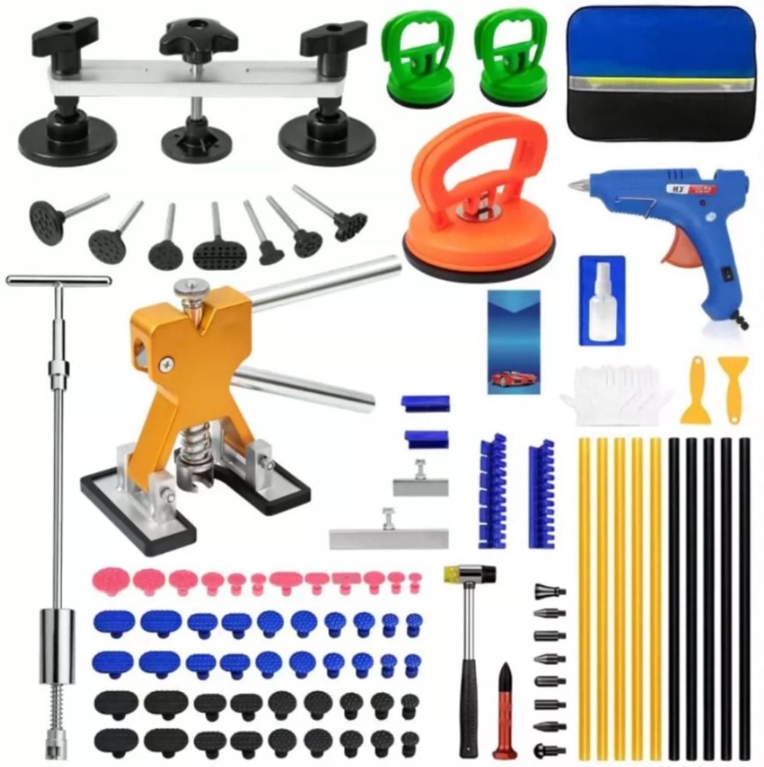 Paintless Dent Repair Kit 97pcs, Auto Body Repair Tool Kit with Adjustable Golden Lifter, Double Pole Bridge Car Dent Puller, Extra Glue Tabs, Suction Cup, Reusable Dent Removal Kit