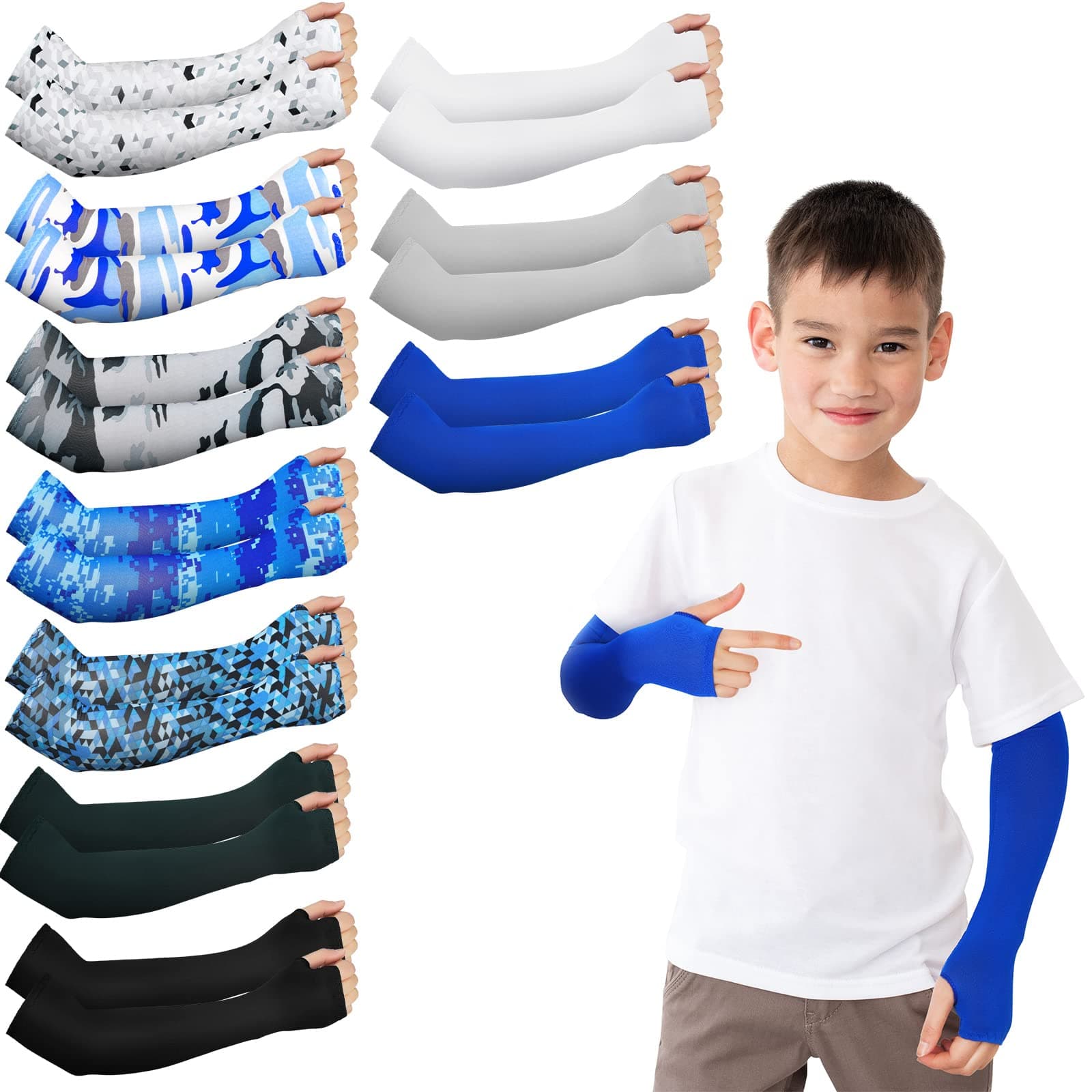 Mepase 10 Pairs Arm Sleeves for Kids Arm Sleeves for Boys UV Sun Protection Cooling Sleeves Youth Sport Compression Sleeves