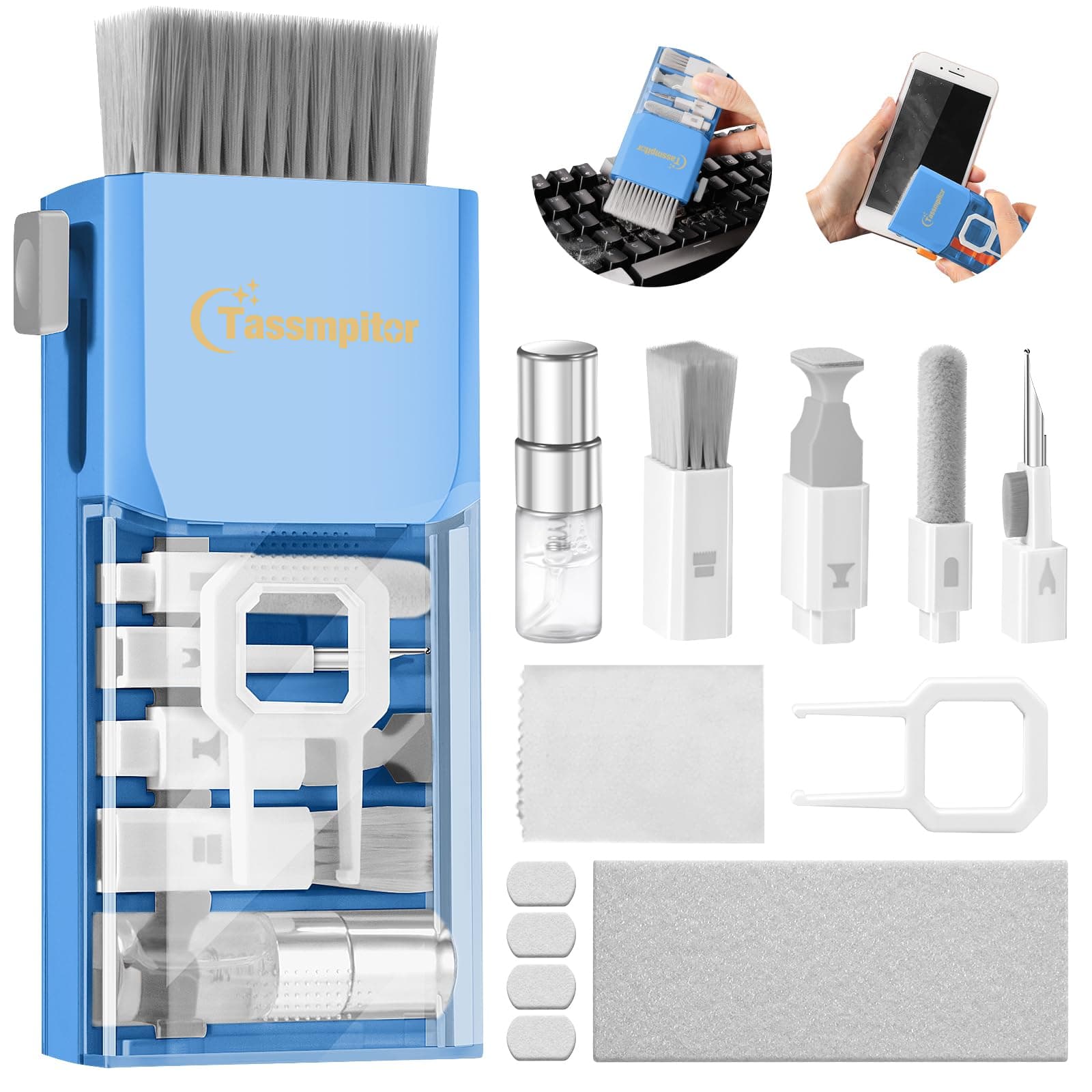 Tassmpitor Laptop Cleaning Kit, Keyboard Cleaning Kit with Spray and Wipe, Keyboard Cleaner for MacBook iPad Tablet iPhone Computer Camera Lens Airpods Earbuds, Mutitool Brush for Electronic Screen