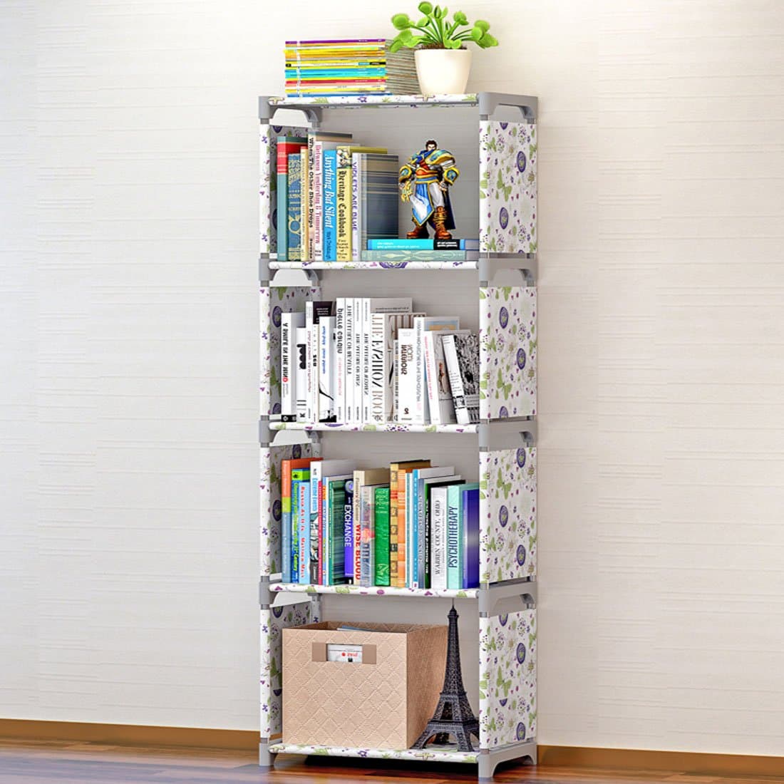 AGGICE 4 Tiers Adjustable Bookshelf, Kids Storage Bookcase, Dampproof Waterproof Non-Woven Home Furniture Storage (Lotus Flower)