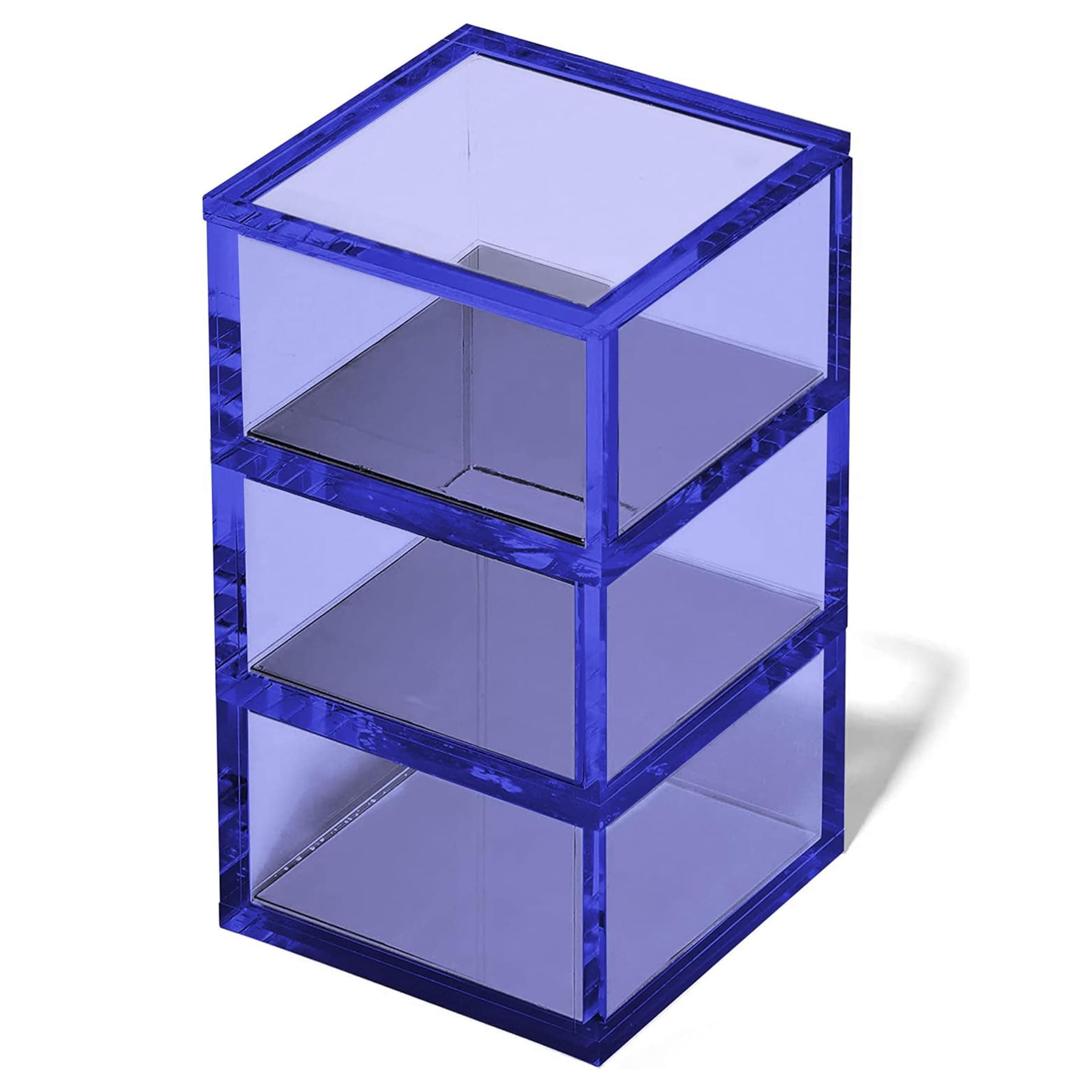 OfficeGoods 3-Tier Stackable Acrylic Holder- Stylish Desk Organizer and Storage for Office or Home – Transparent Square Design, Blue with Silver Metal Base