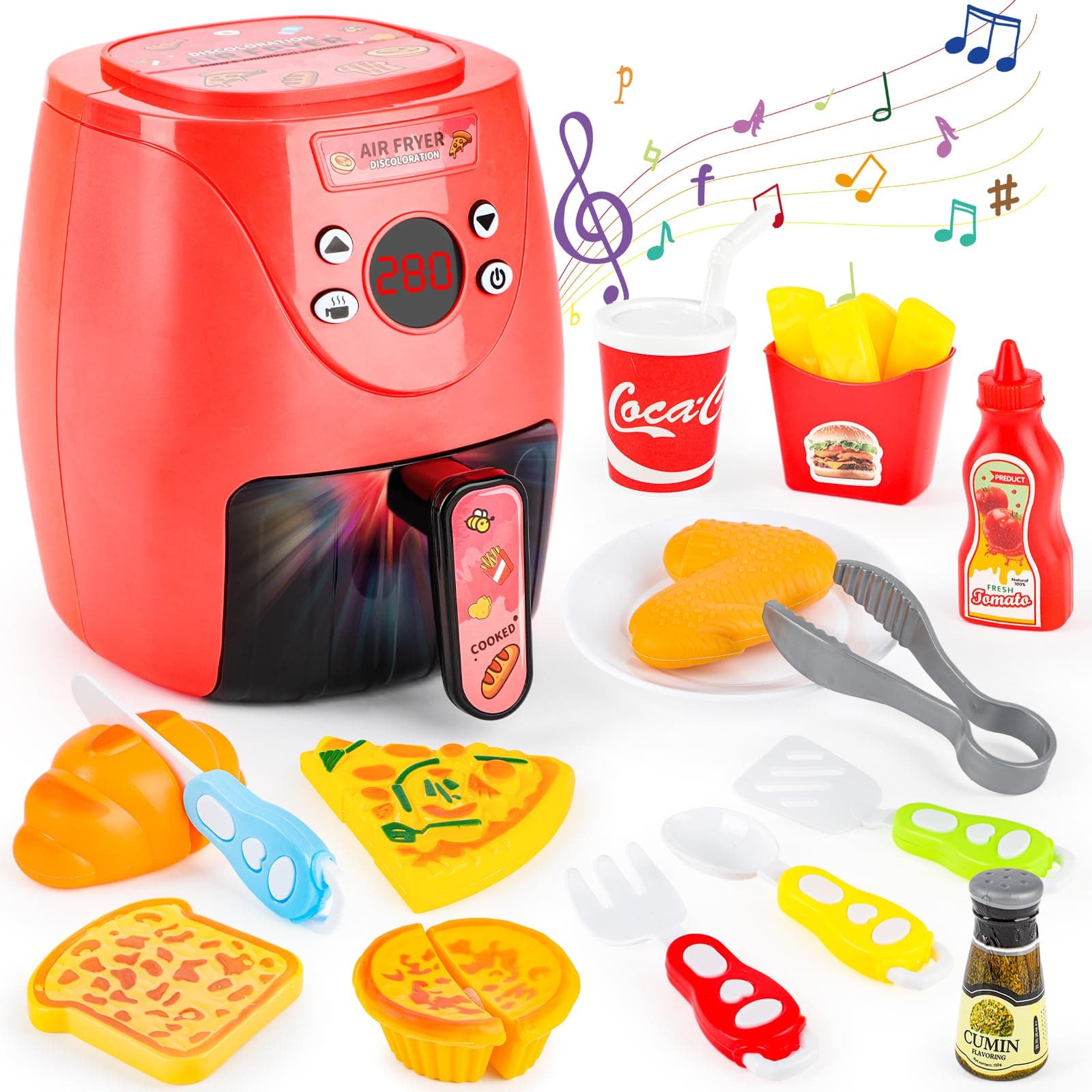 deAO Kitchen Playset for Kids, Air Fryer Pretend Role Play Toys with Kitchen Accessories, Realistic Light, Sound & Play Food, Educational Toy Set for Girls Boys