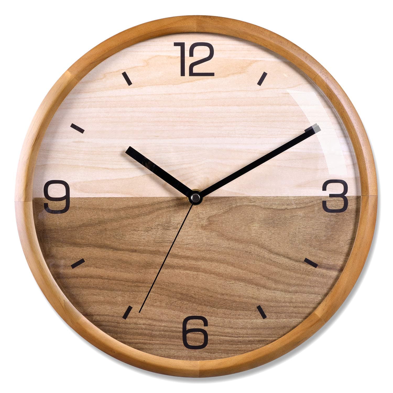 Kesin Wall Clock Wood 12" Silent Non Ticking Modern Wall Clocks Battery Operated for Living Room Decor, Pine Wood Frame with Dome Glass Cover Large Decorative Digital Wall Clock Analog Wall Clocks