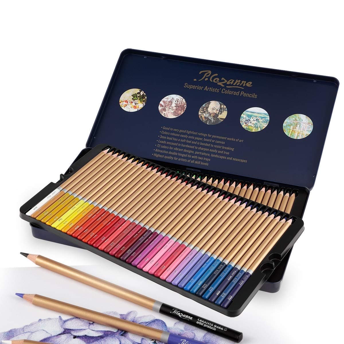 Cezanne Colored Pencils Set of 72 Colors, Professional Artist Quality Soft Feel Core for Drawing Art, Sketching, Shading & Coloring - Metal Gift Tin Box