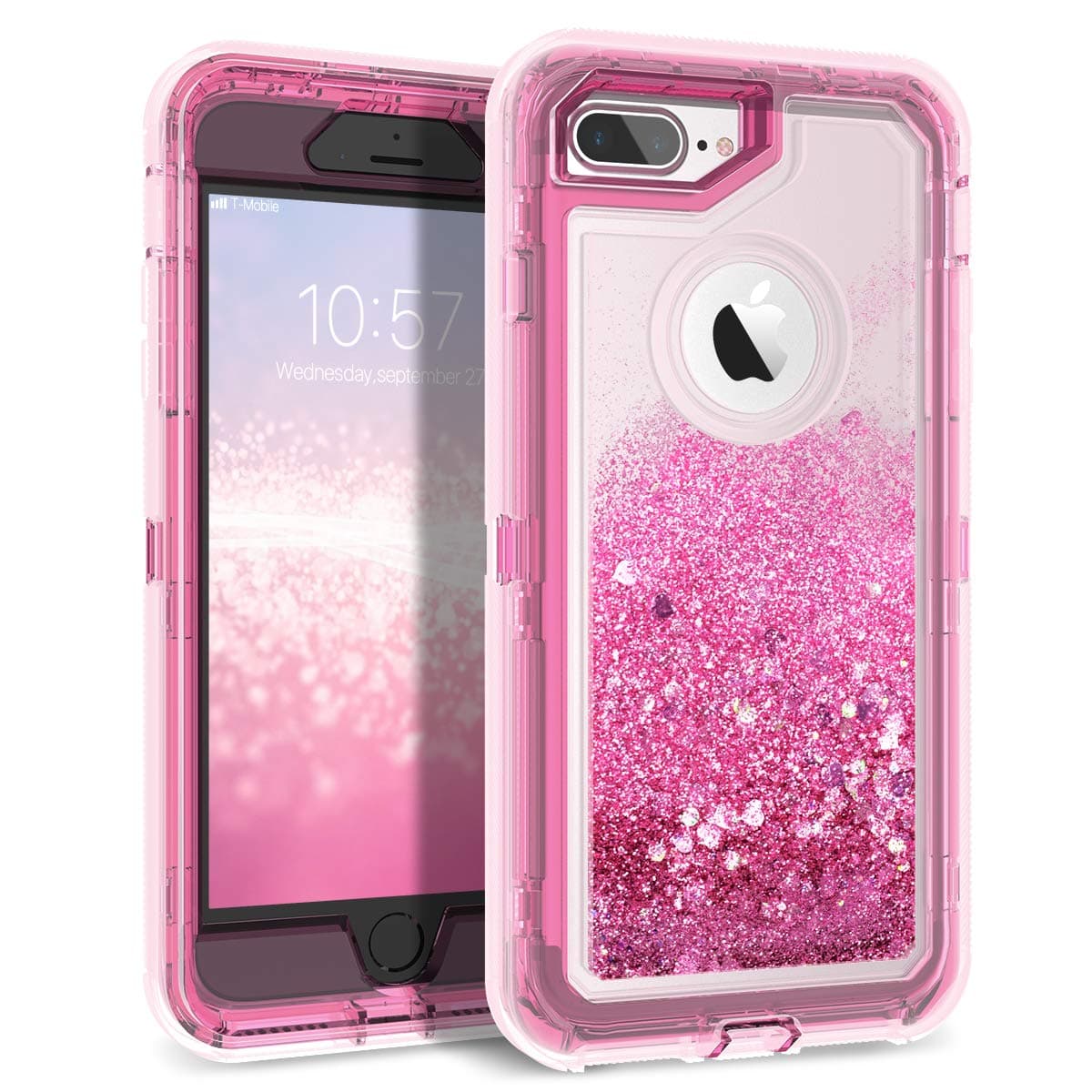 Dexnor Compatible with iPhone 7 Plus Case Glitter 3D Bling Sparkle Flowing Liquid Transparent 3 in 1 Shockproof TPU Silicone Core + PC Frame Protective Defender for iPhone 8 Plus/7 Plus/6s Plus - Pink