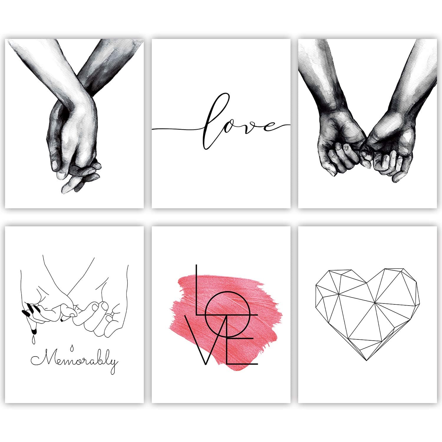 HOMIEVAR Hand in Hand Canvas Print Wall Art Minimalist Abstract Love Poster Black and White Line Drawing Art Decor for Living Room Bedroom (6 Pcs Unframed, 8x10 inches)