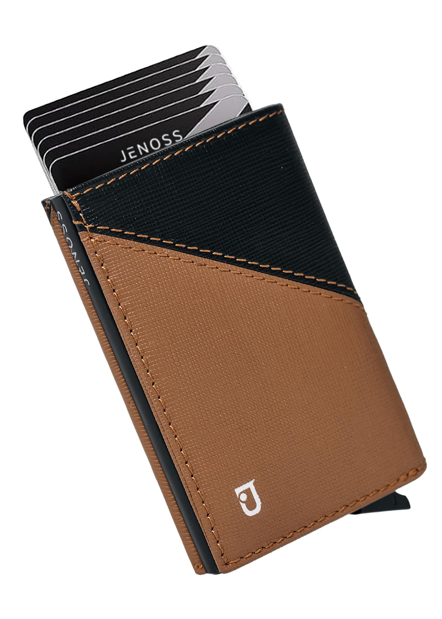 Jenoss Smart Wallet For Men: Full Grain Leather, Handcrafted, Slide Metal Pop Up Case, Slim RFID Blocking Credit Card Holder, Compact 12 Cards Slot Organizers, ID, Money Clip(Brown & Black)